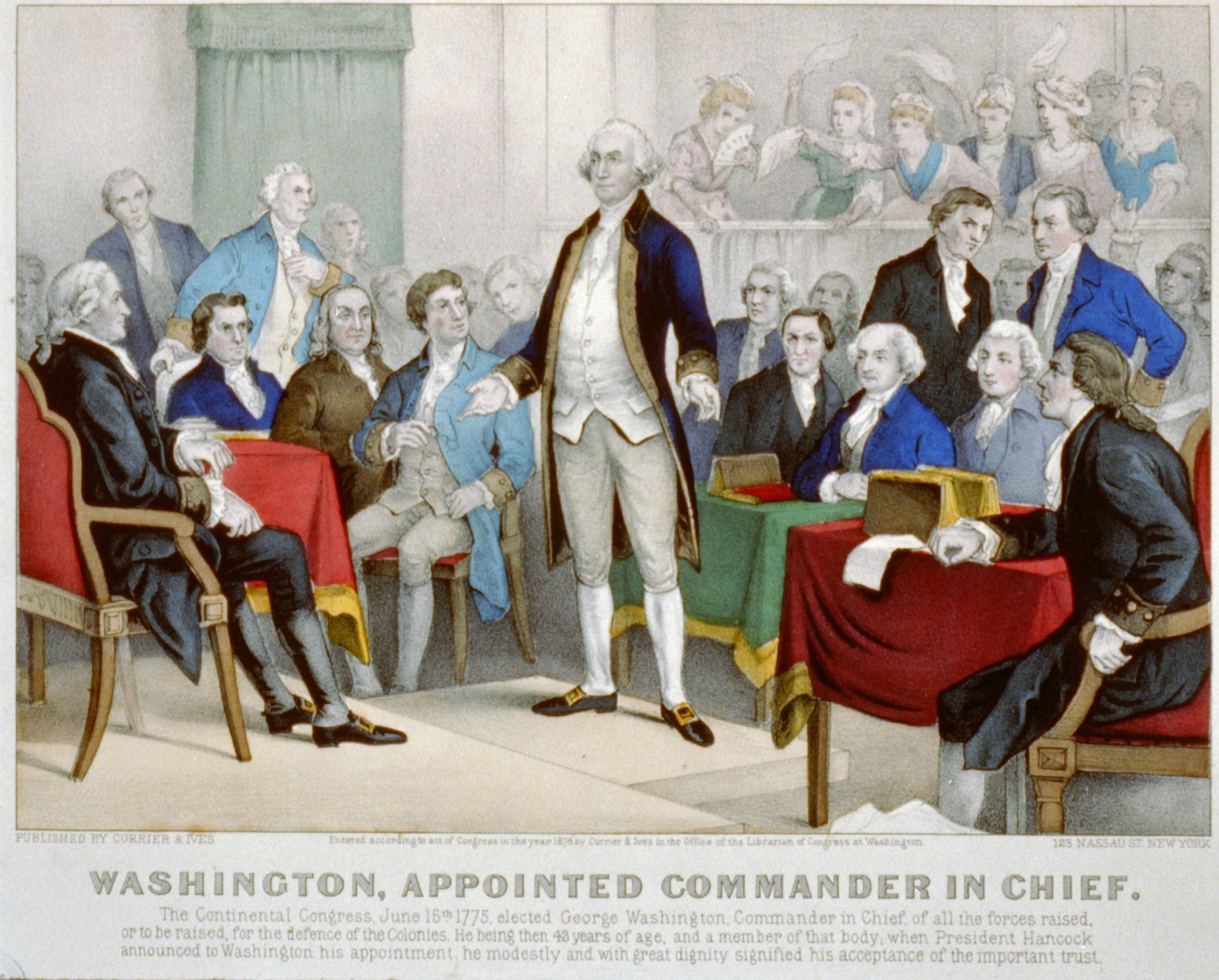 American Revolutionary War (American War of Independence) 1775-1783: Washington appointed commander-in-chief _by the Continental Congress, delegates from the Thirteen Counties that became the government of the United States. June 1775. Lithograph.