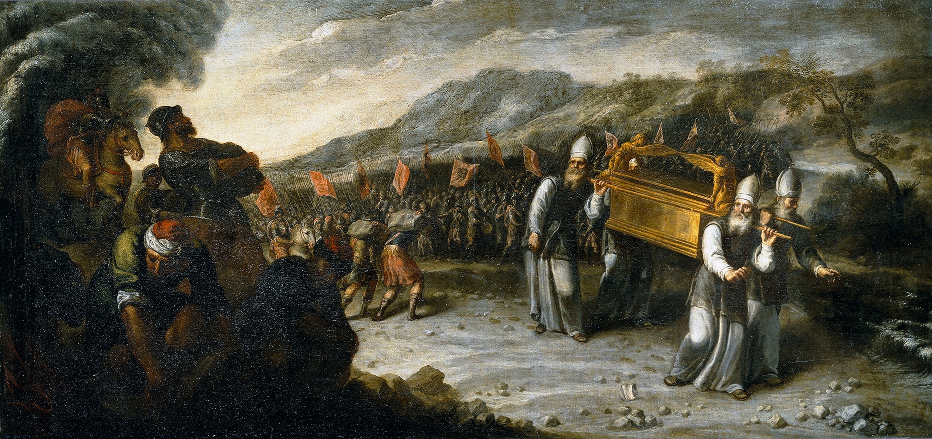 An oil painting of Israelites fleeing Egypt crossing the Jordan River on dry land.