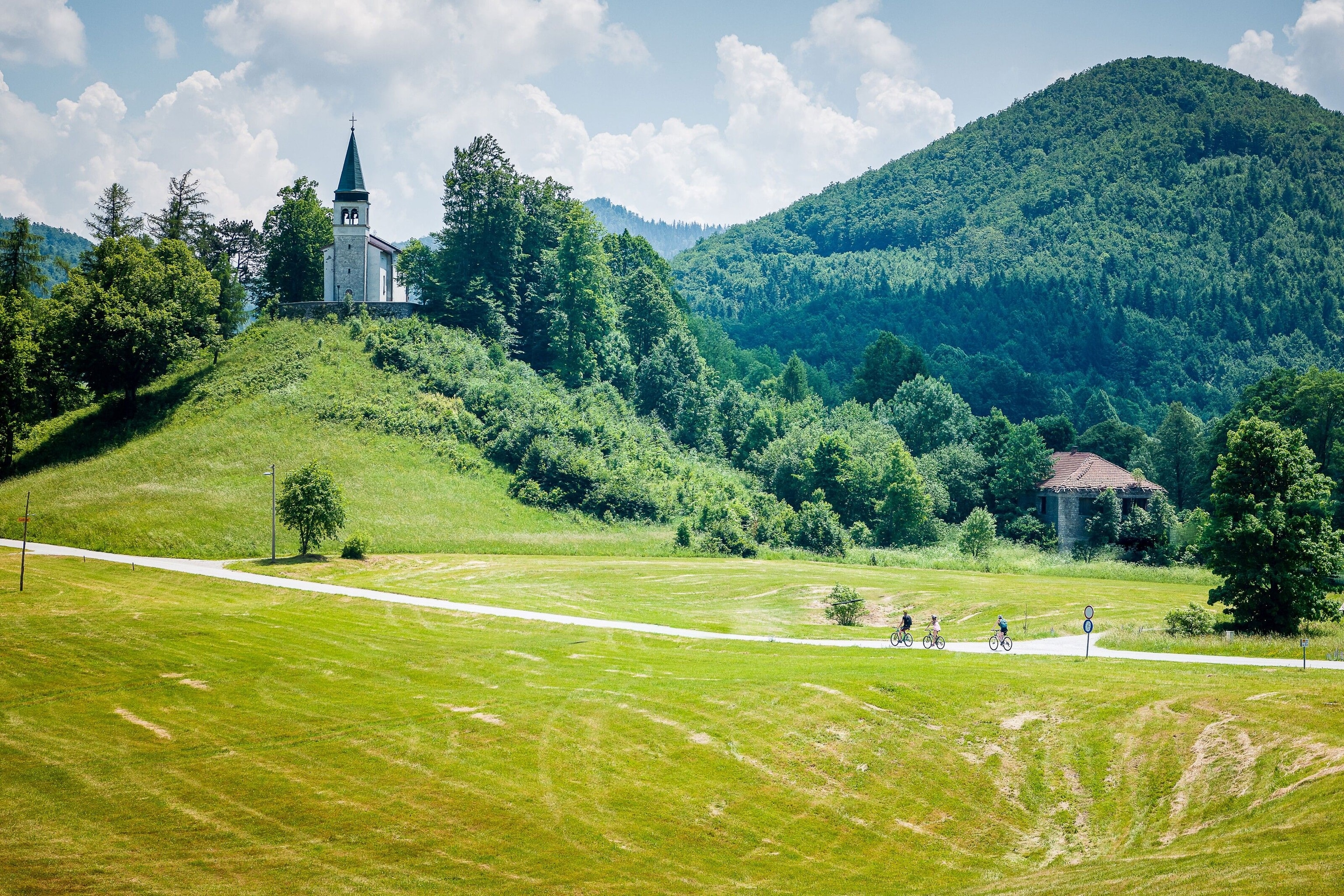 Cyclists ride through the green fields of Trnovo Forest Plateau.