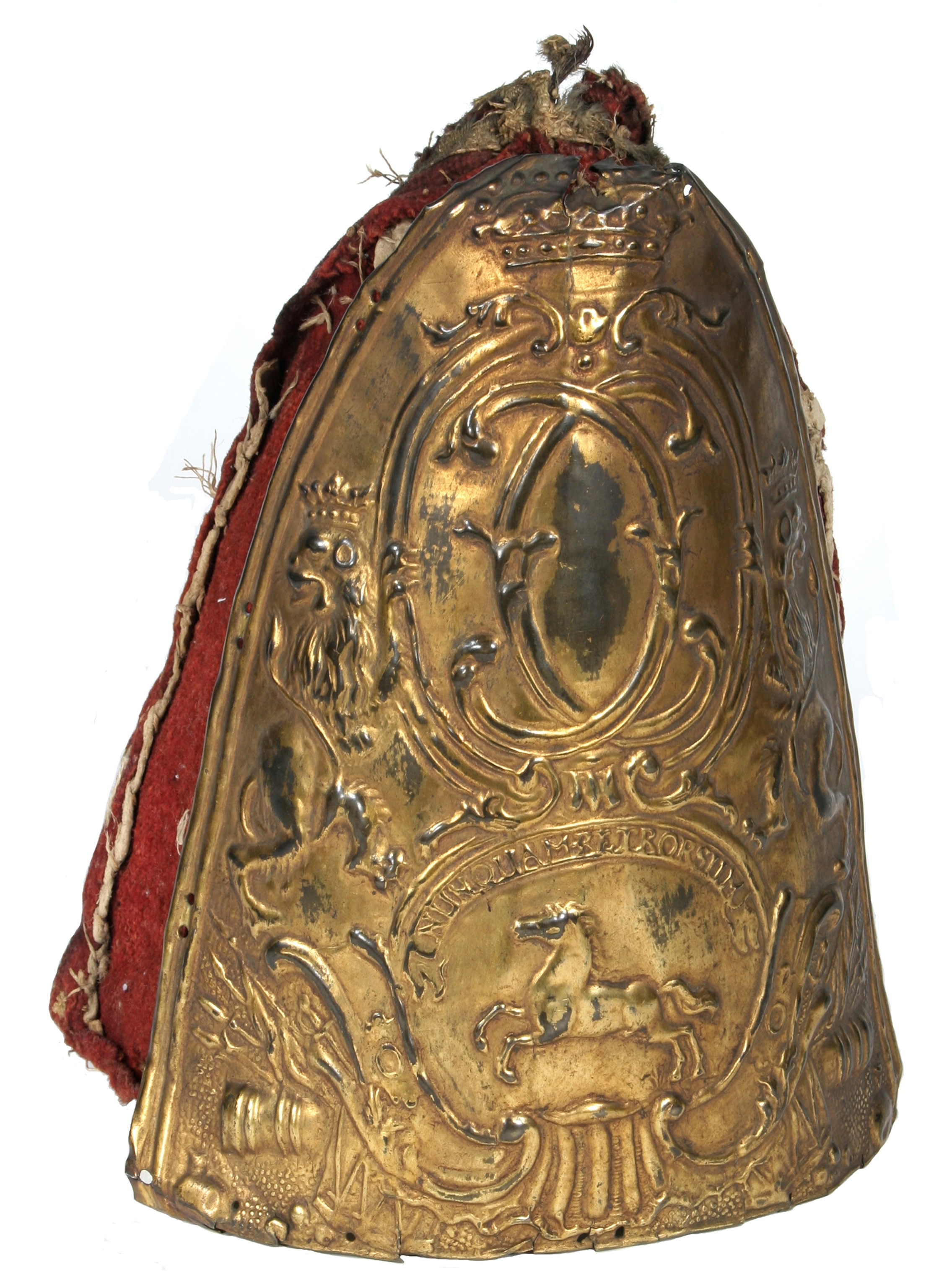 American Revolution, Brunswick (German) Grenadier Cap captured at the Battle of Bennington 1777 and given by General Stark as a gift to the state of Massachusetts.