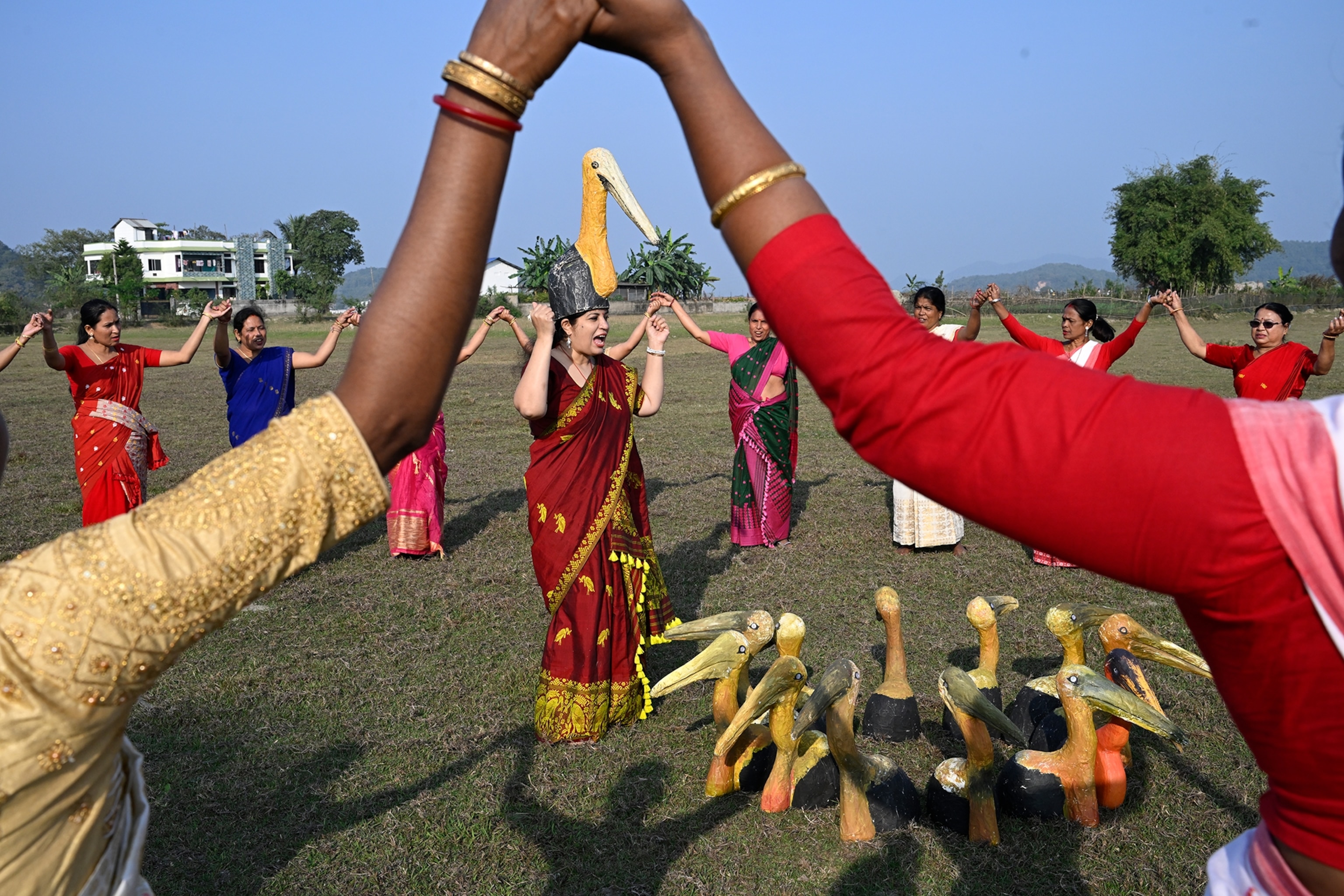 women in saris holding hands and dancing in a circle around a woman wearing a stork hat
