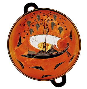 The legend of Dionysus turning Tyrrhenian pirates into dolphins is depicted on a kylix, a shallow drinking cup, from 530 B.C., now in the State Collection of Antiquities in Munich.