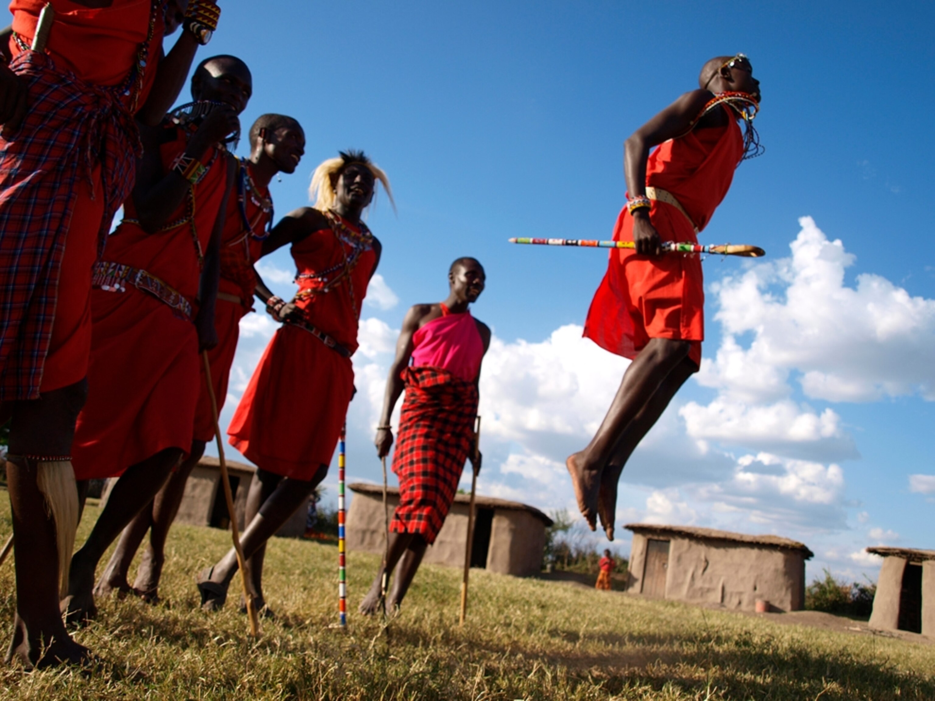 Masai men participate in tribal dance, Kenya, Africa