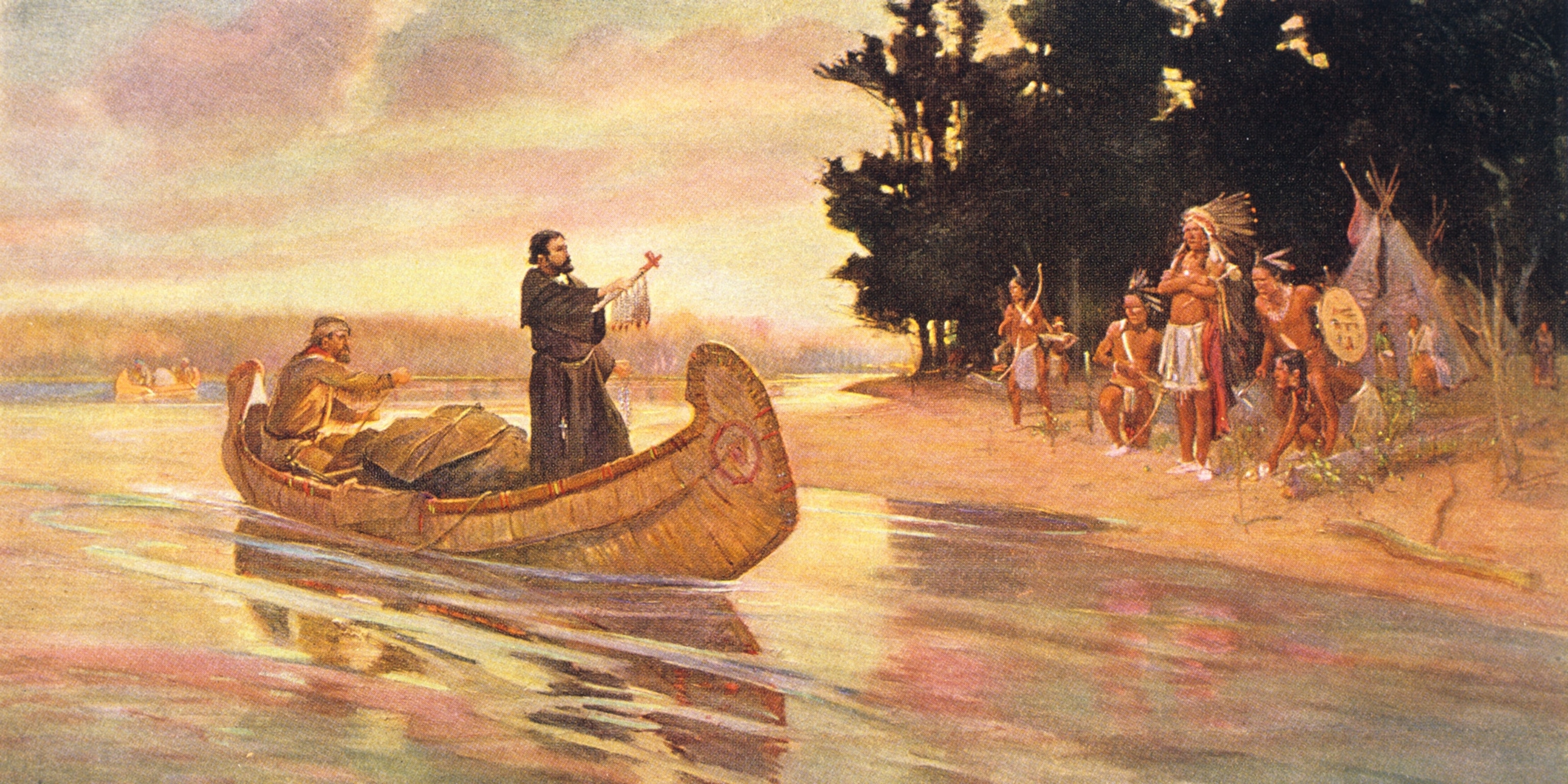 Painting of Father Jacques Marquette in a boat preaching to Indigenous Americans on shore