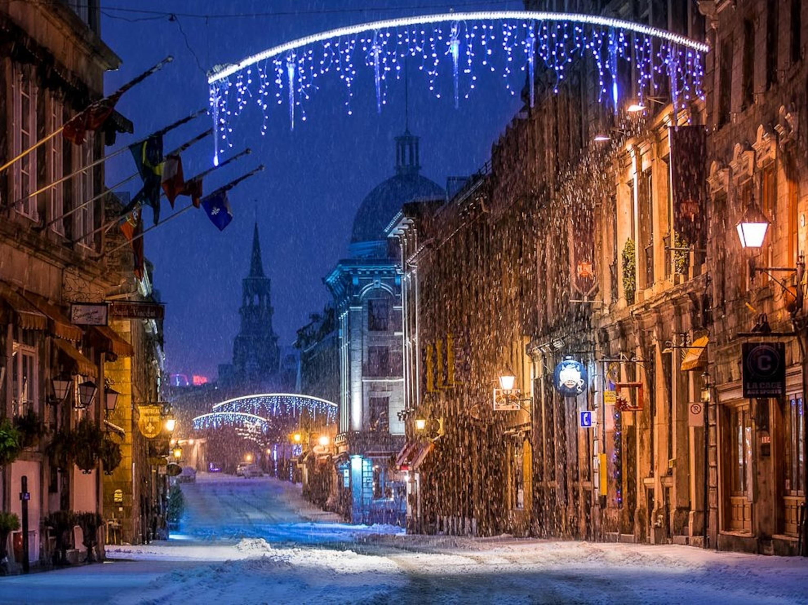 snow covered streets in Old Montreal, Canada