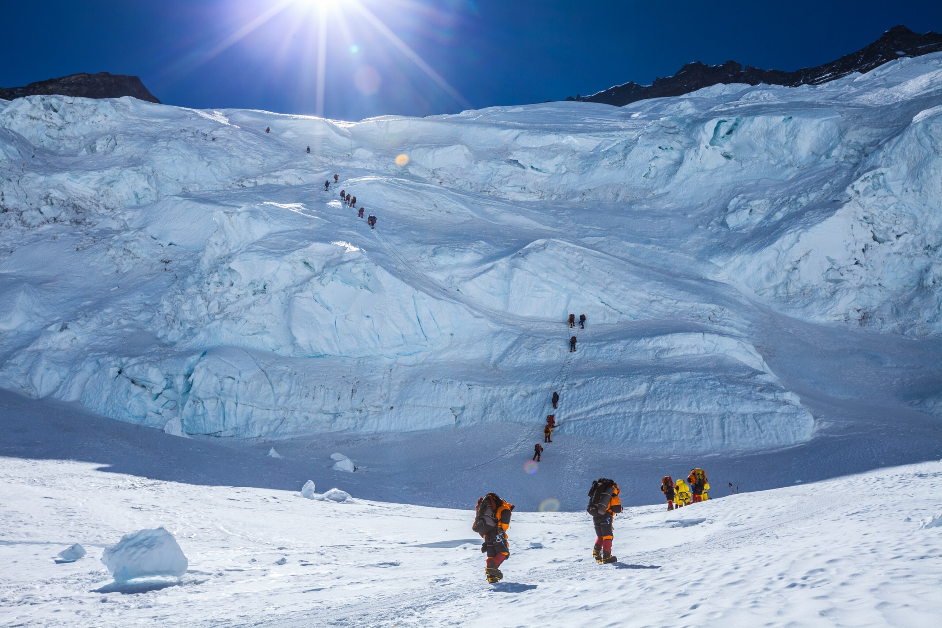 Everest base camp at the end of the Khumbu glacier lies at 5300m