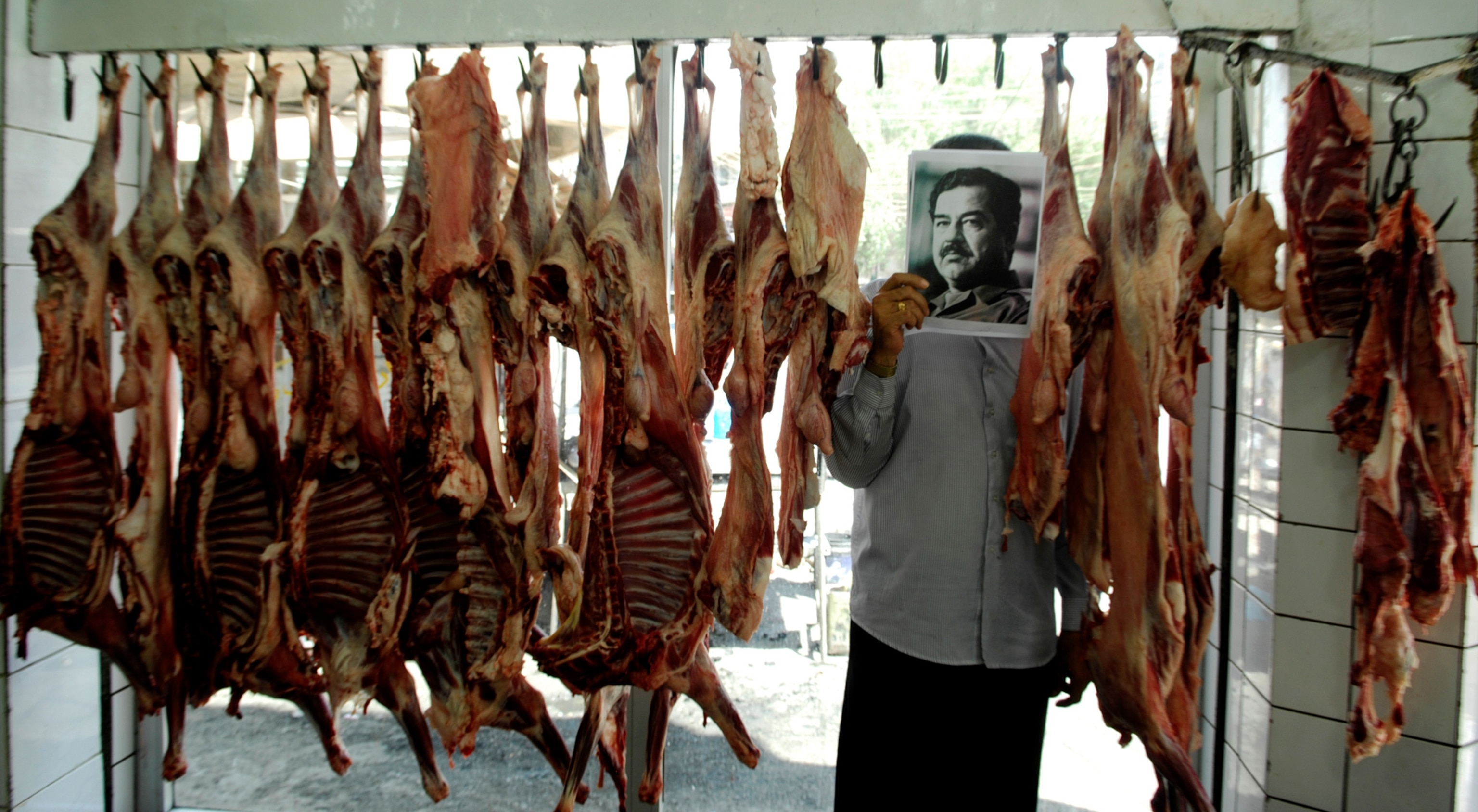 Art of Iraq - Man holds photo of Saddam Hussein amid animal carcasses.