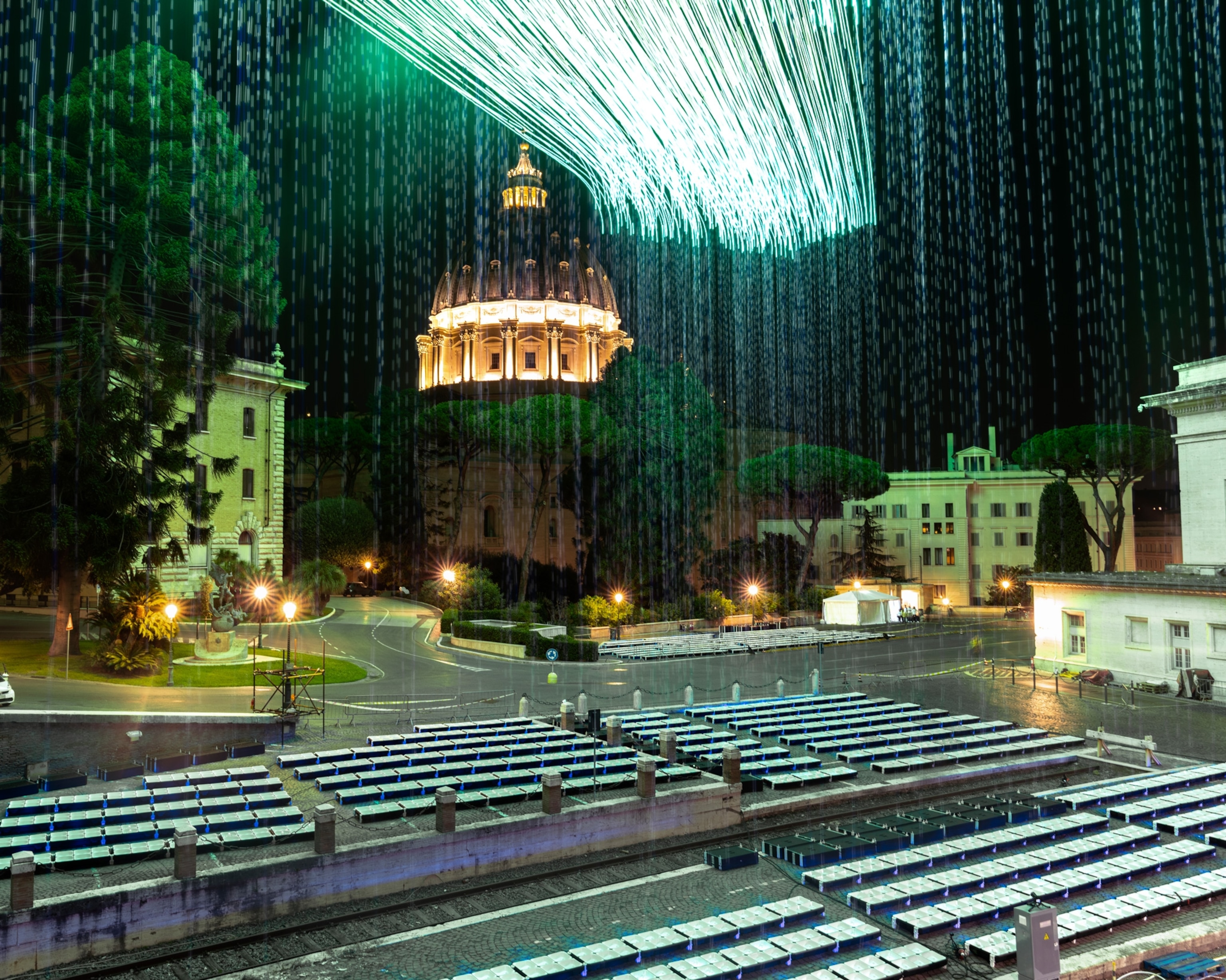 green light streaks of drones in the air