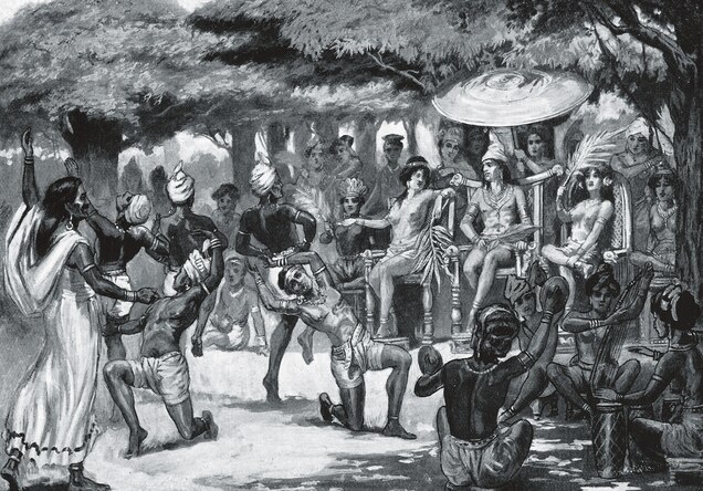 Chandragupta Maurya entertains his bride from Babylon in a lithograph.