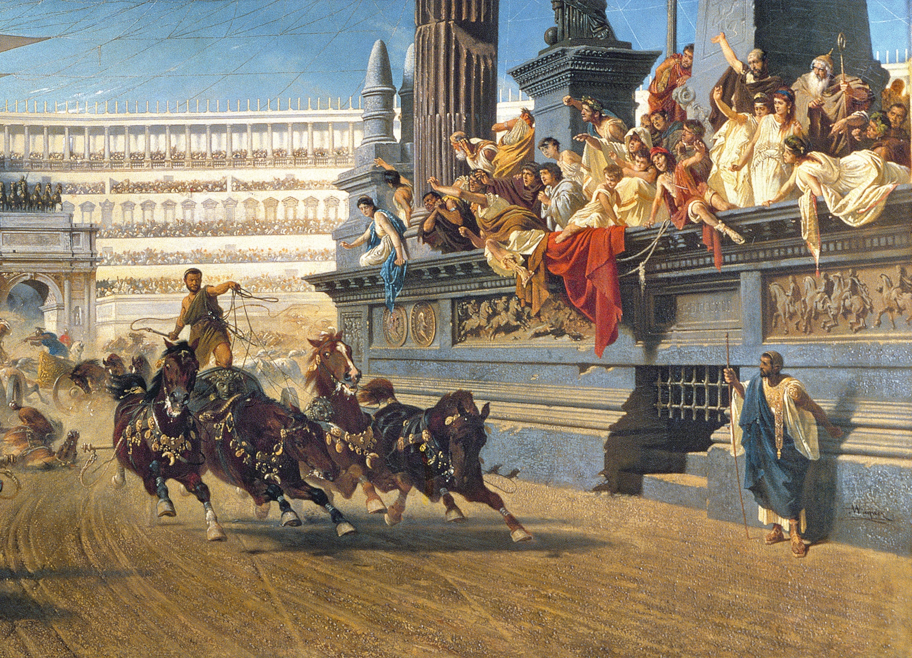 A charioteer has just rounded the end of the spina, where spectators cheer him on.
