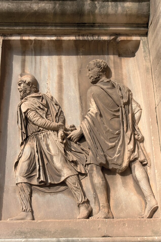 The first gladiators may have been prisoners of war or criminals. By the time this scene was carved in the early third century A.D., most were volunteers.