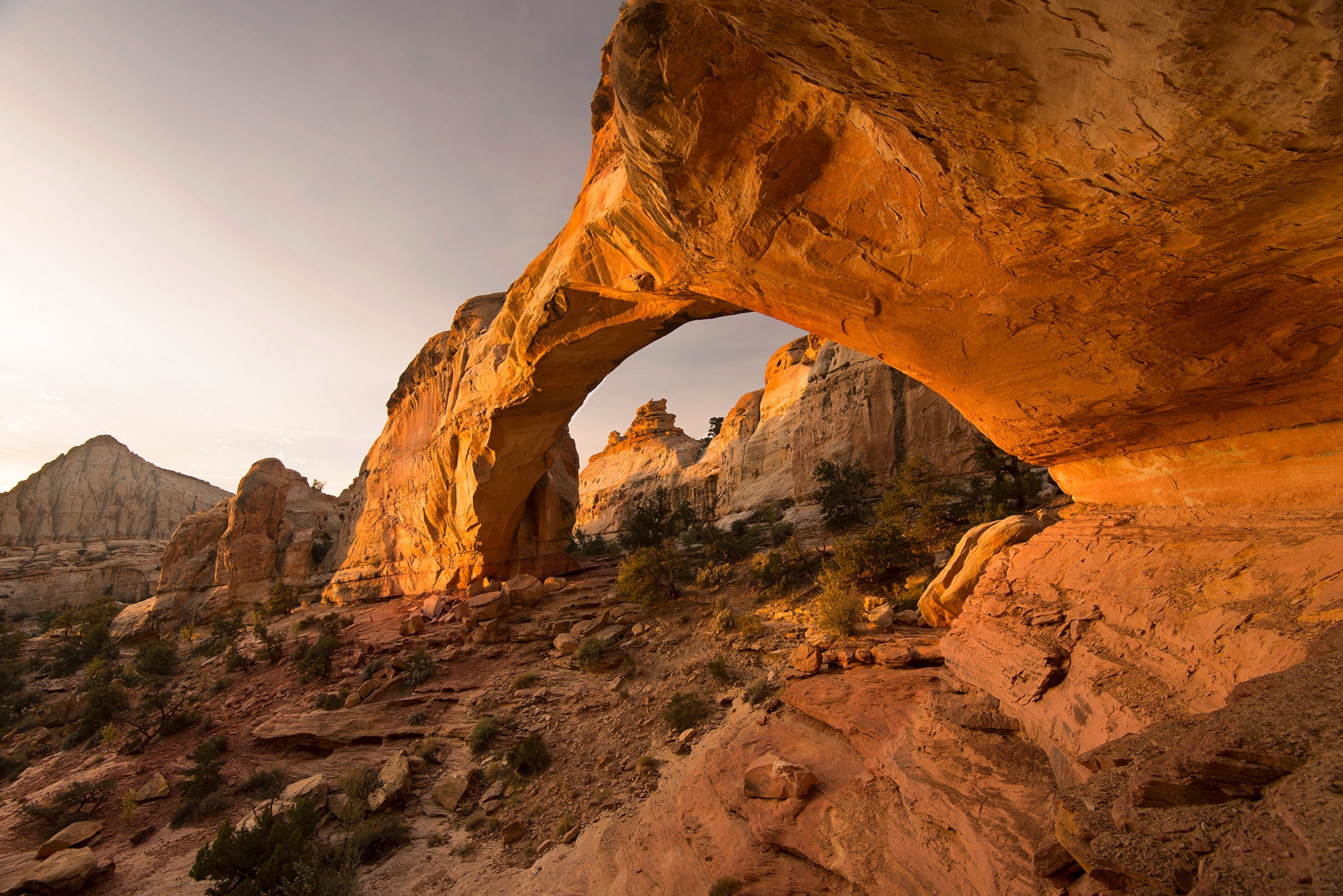 Sunrise light on Hickman Bridge, a beautiful rock bridge in Capitol Reef National Park, Utah.