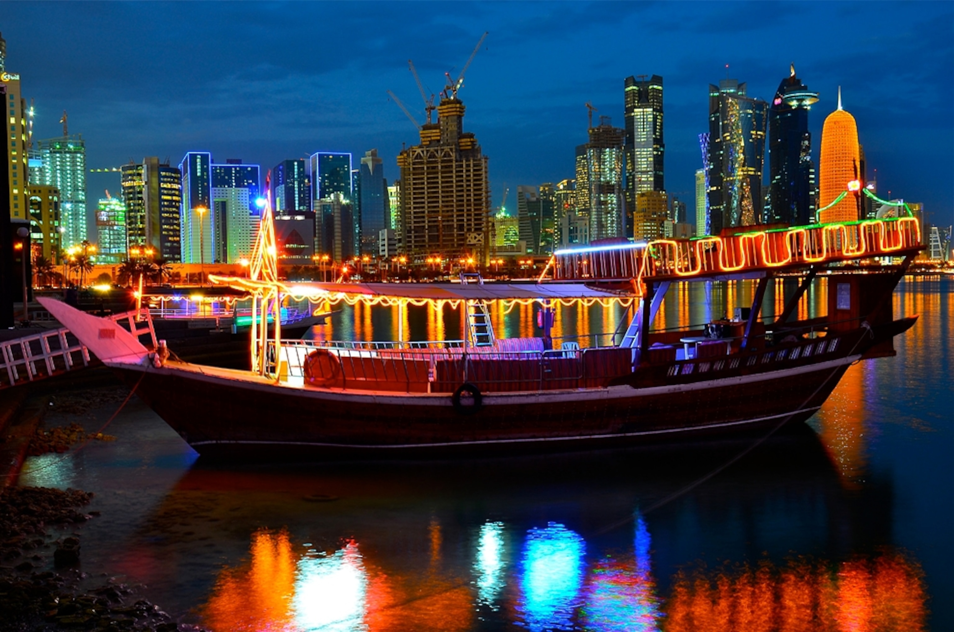 a lighted dhow in Doha, Qatar