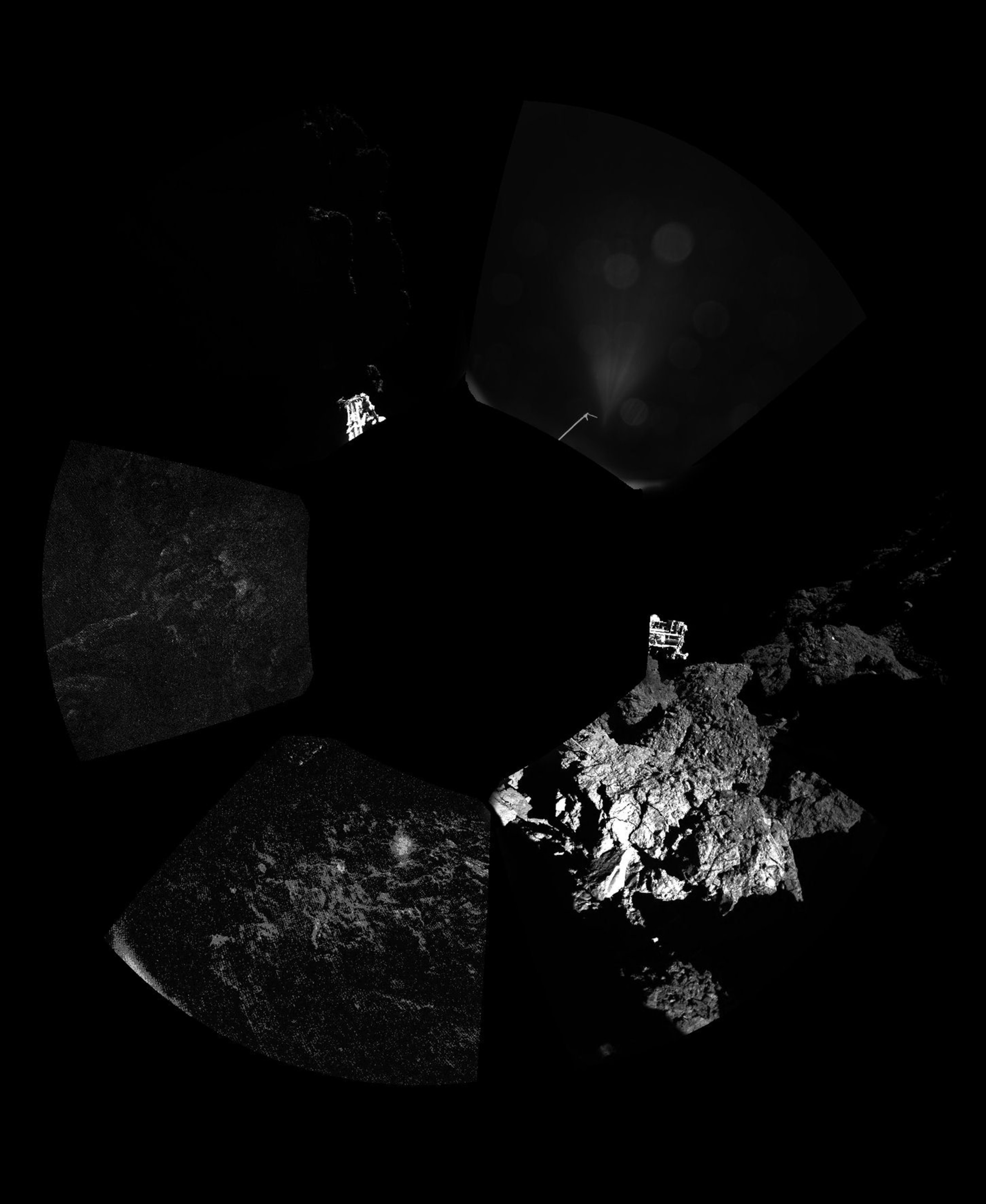 The surface of the 67P/Churyumov-Gerasimenko comet as seen from the Philae lander, which landed on the comet's surface yesterday. ESA, despite some malfunctions on the Philae craft, successfully landed it on the comet on November 12, 2014 making it the first man-made craft to ever land on a comet. The Philae lander, launched from the Rosetta probe, is a mini laboratory that will gather data on the comet.