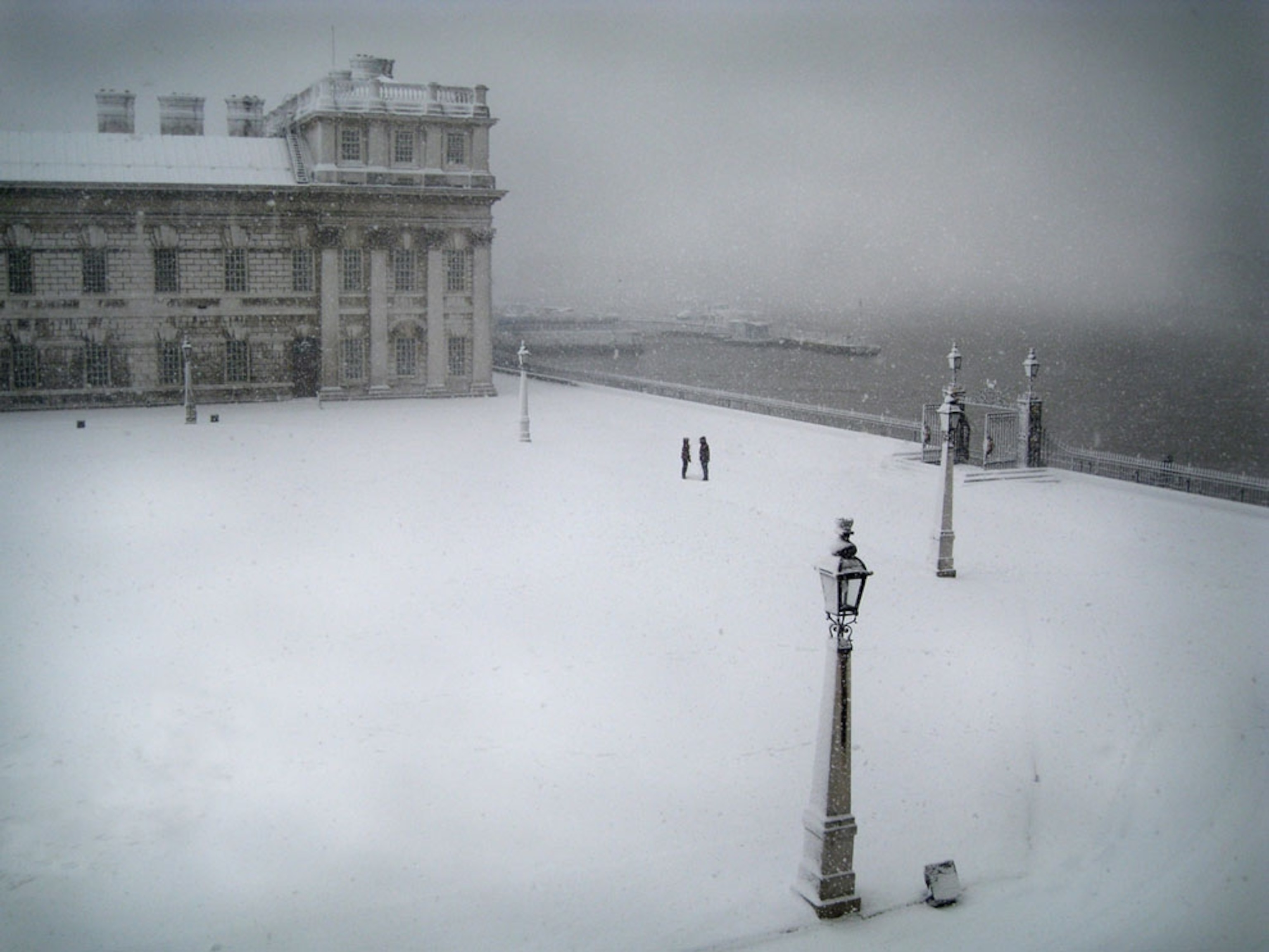 Snow-covered ground of the Old Royal Naval College, London