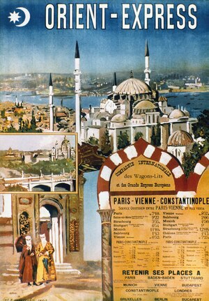 An 1895 Orient Express poster shows a destination and train schedules.