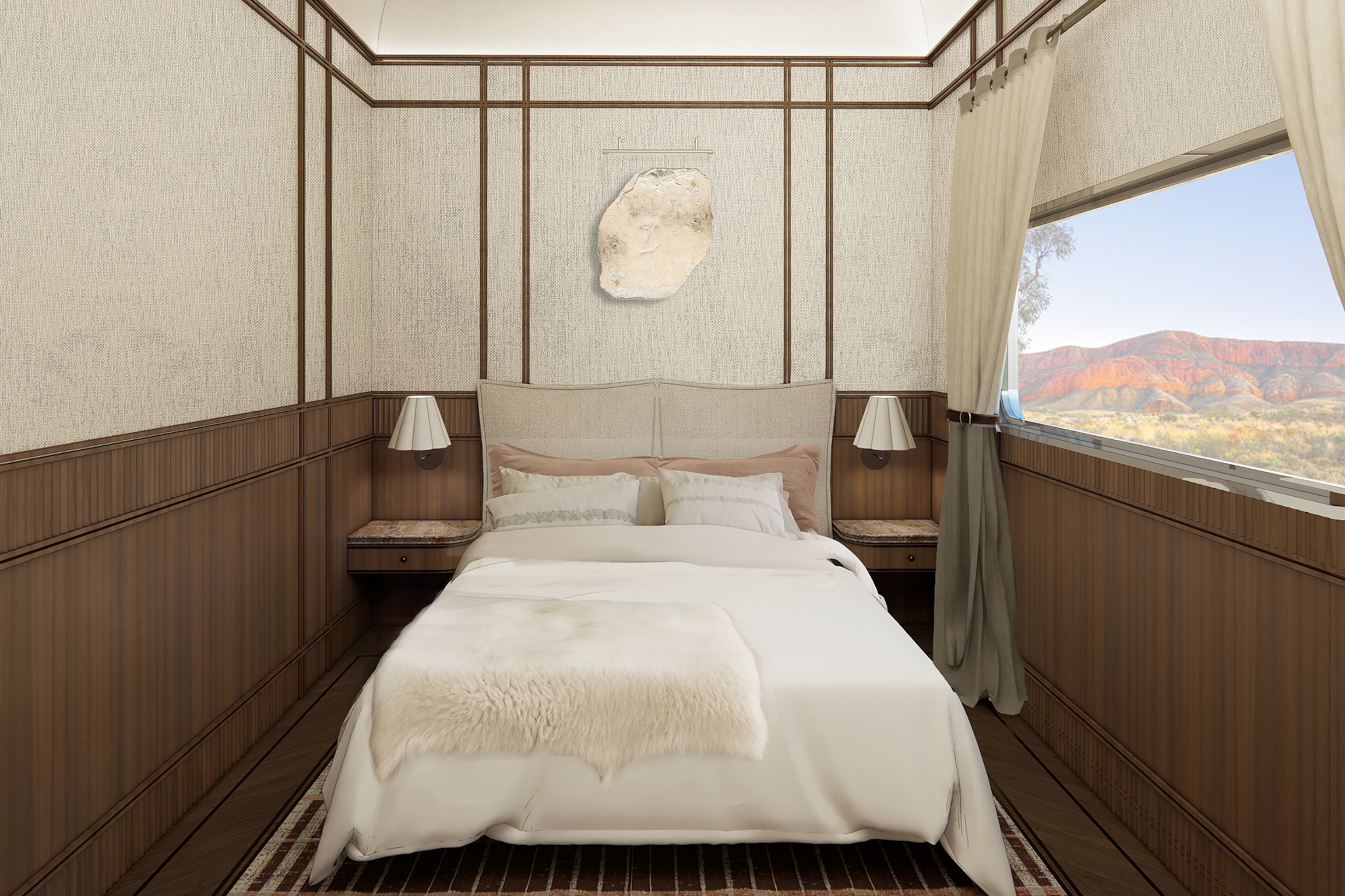 a digital rending of a bedroom suite on a train