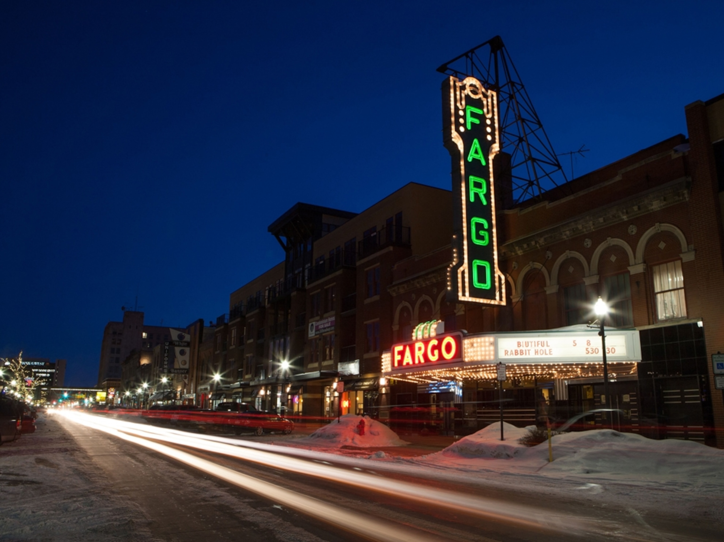 the Fargo theater at dusk on a cold winters day in North Dakota.