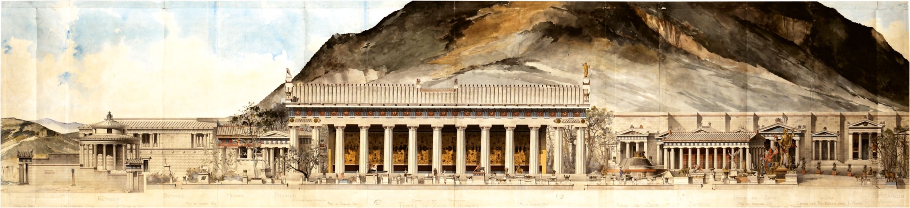A drawing of many Greek buildings