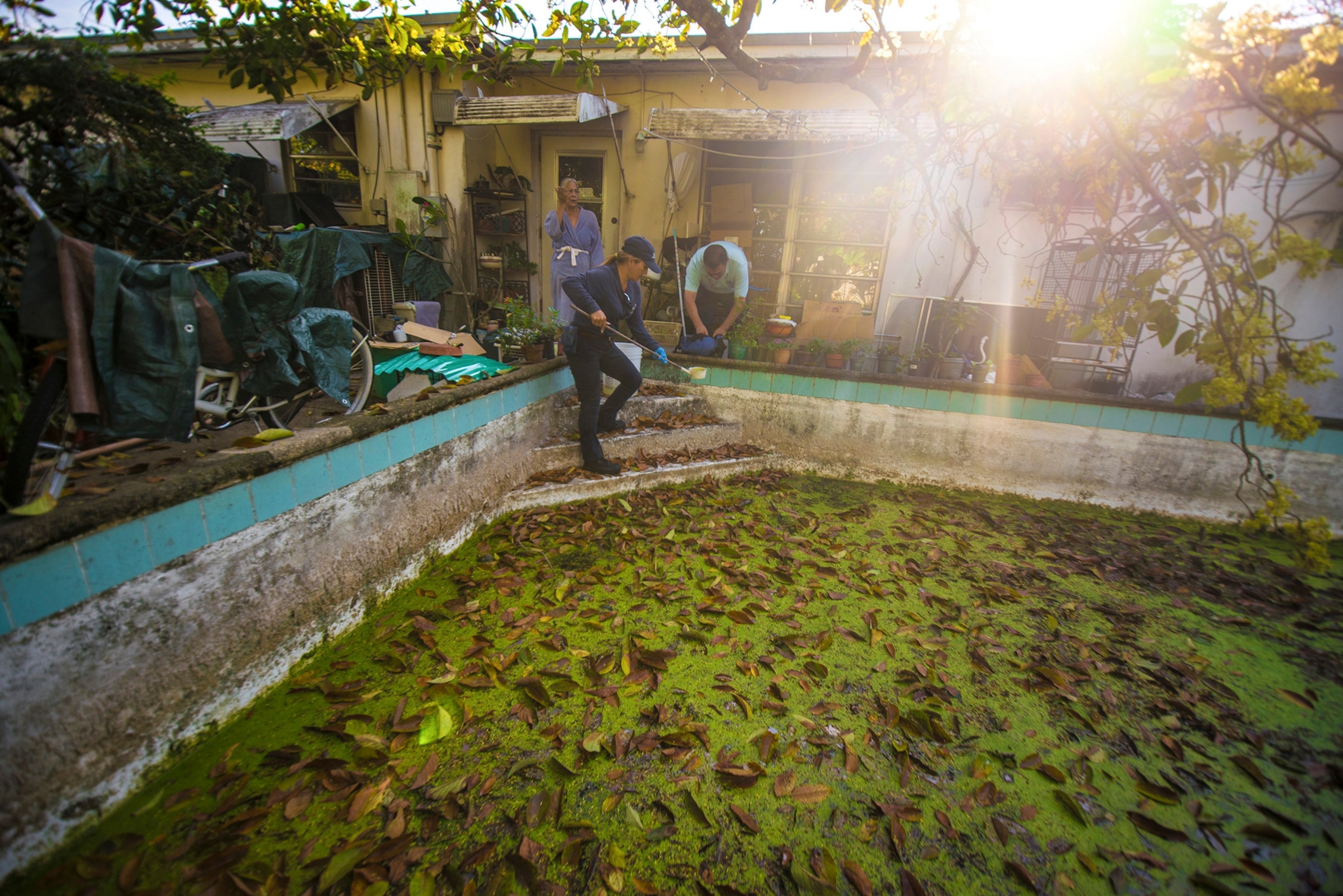 Delfina Tirado, left, and Chalmers Vasquez of the Miami-Dade County's Mosquito Control Division inspect a pool in Miami, March 17, 2016. The Aedes aegypti mosquito -- the type that is spreading the Zika virus and fear of grave birth defects throughout Latin America and the Caribbean -- is being found in Florida and is expected to soon be buzzing around its usual haunts in the United States.