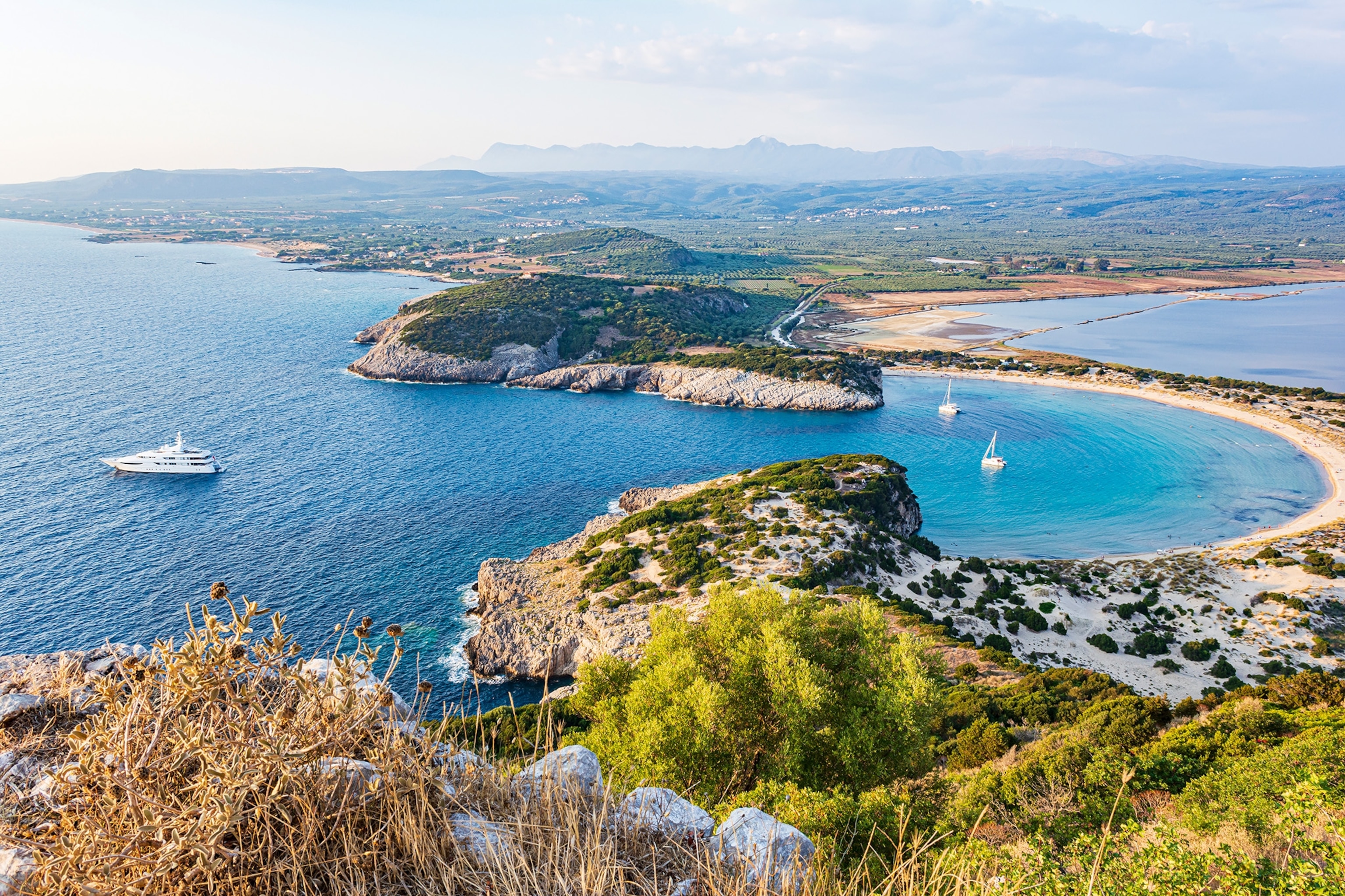 Peloponnese's Voidokilia Beach landscape is seen from Paleokastro castle.