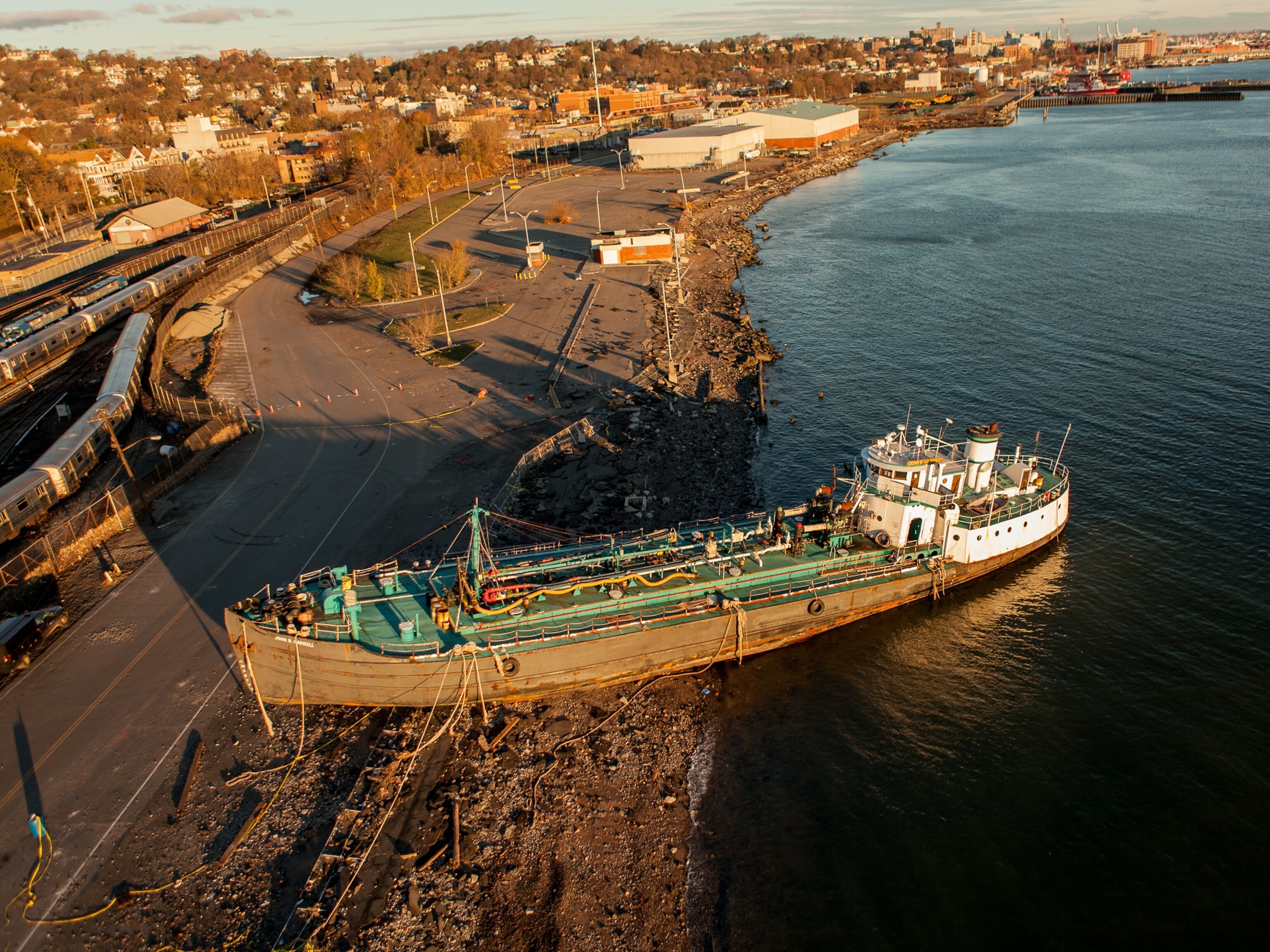 A tanker rests on Staten Island's southern shore after being swept onto land by a storm surge due to Hurricane Sandy.