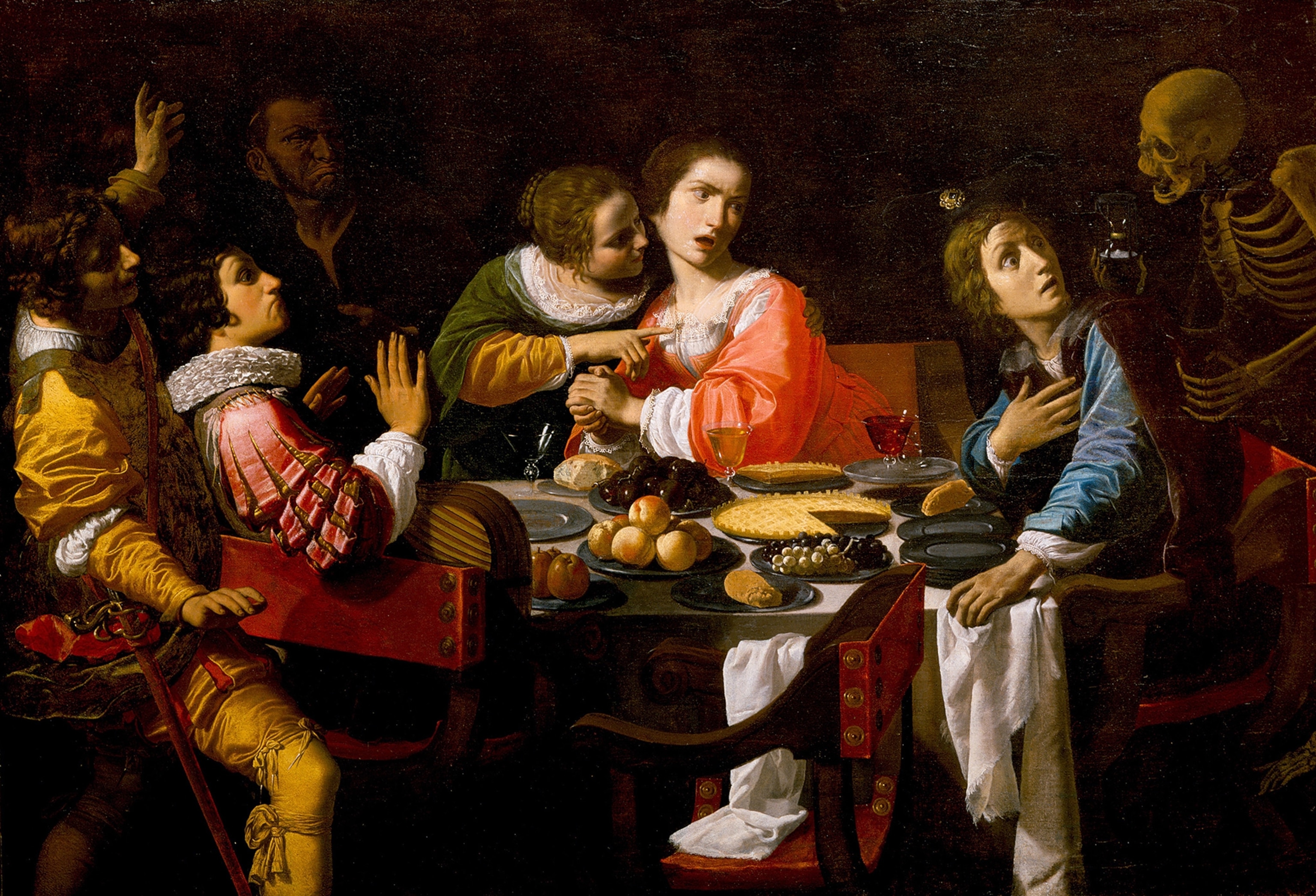 A renaissance painting of a skeleton holding a glass vial and approaching a dining table while a family eats.