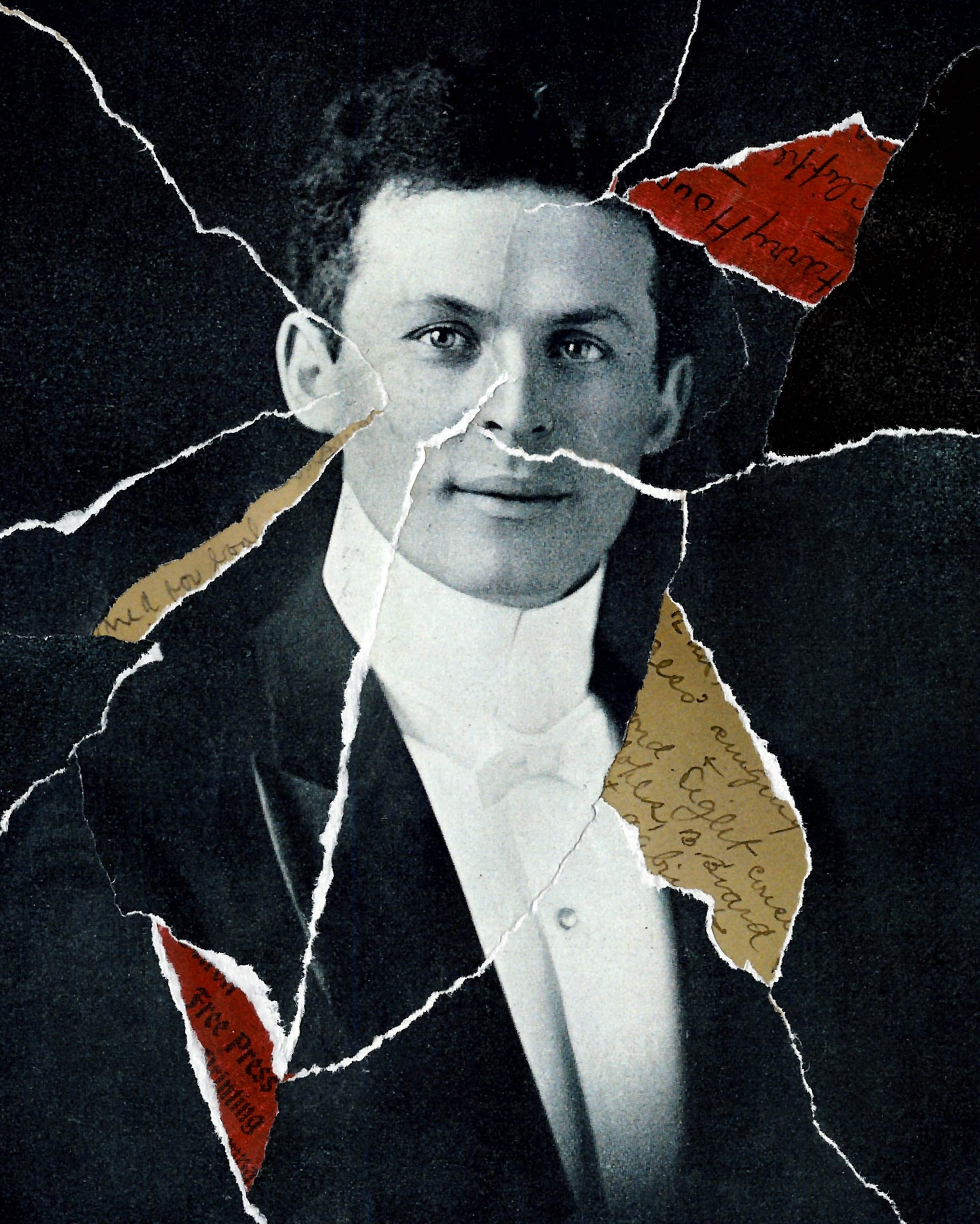 A black and white antique photo of a young man looking directly at the camera, collaged with torn paper and pieces of a book