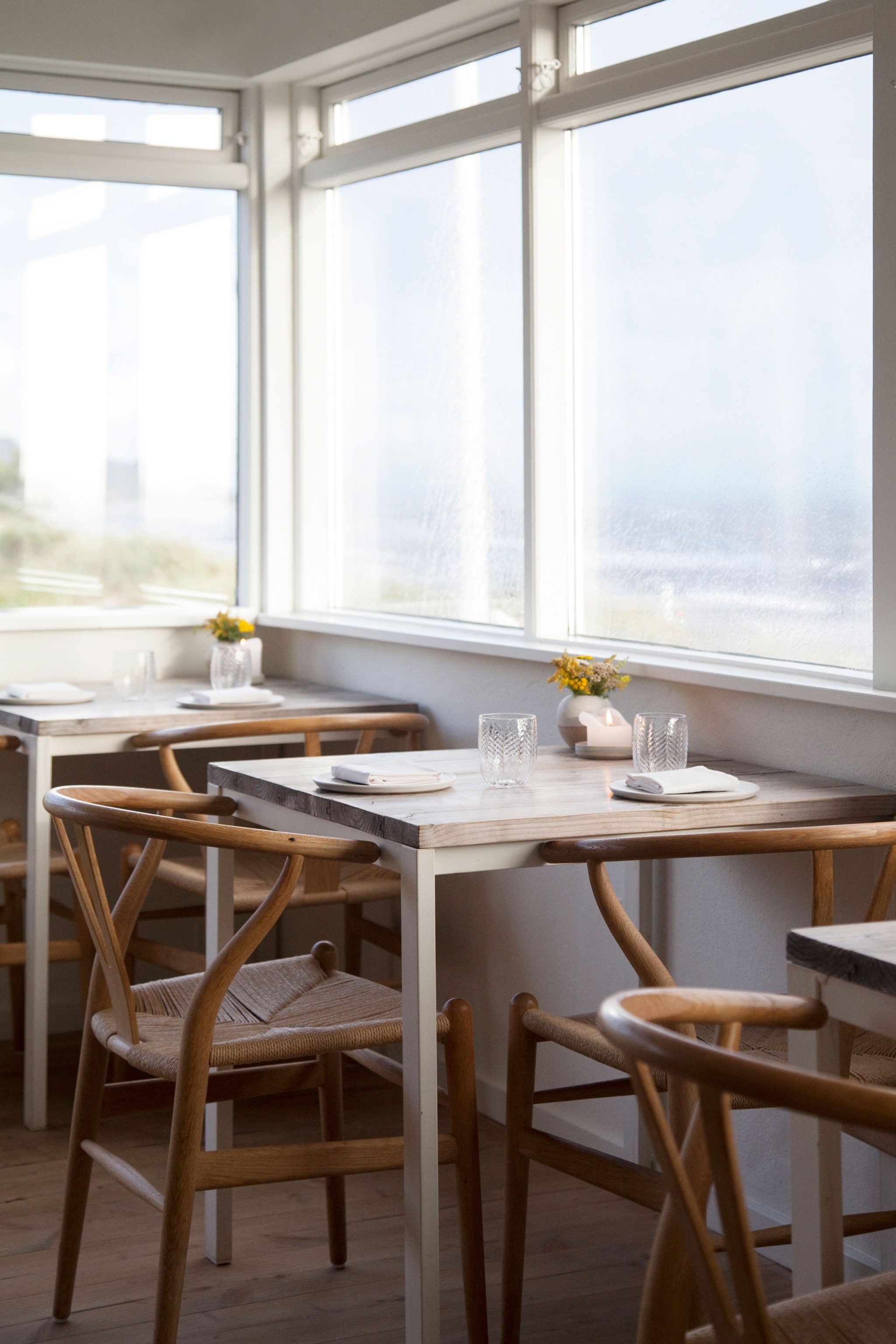 interior of restaurant, wooden furnishings, open windows