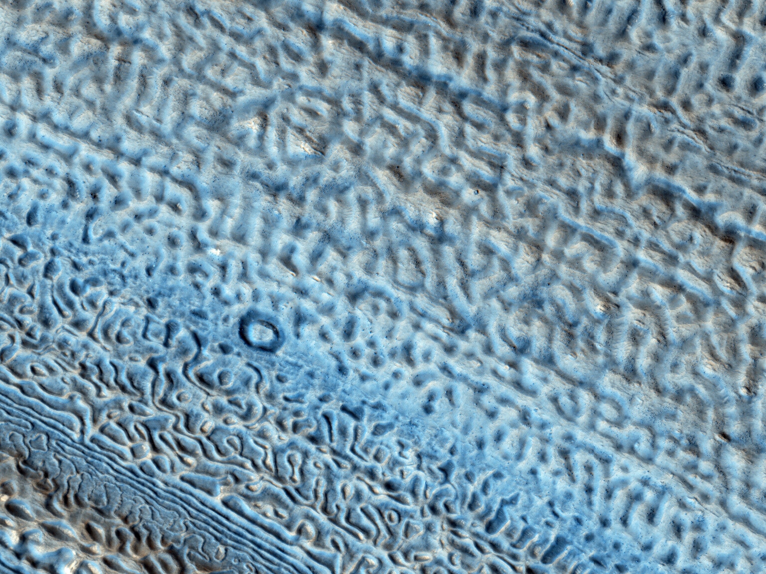Orbital image of parallel grooves on Martian surface