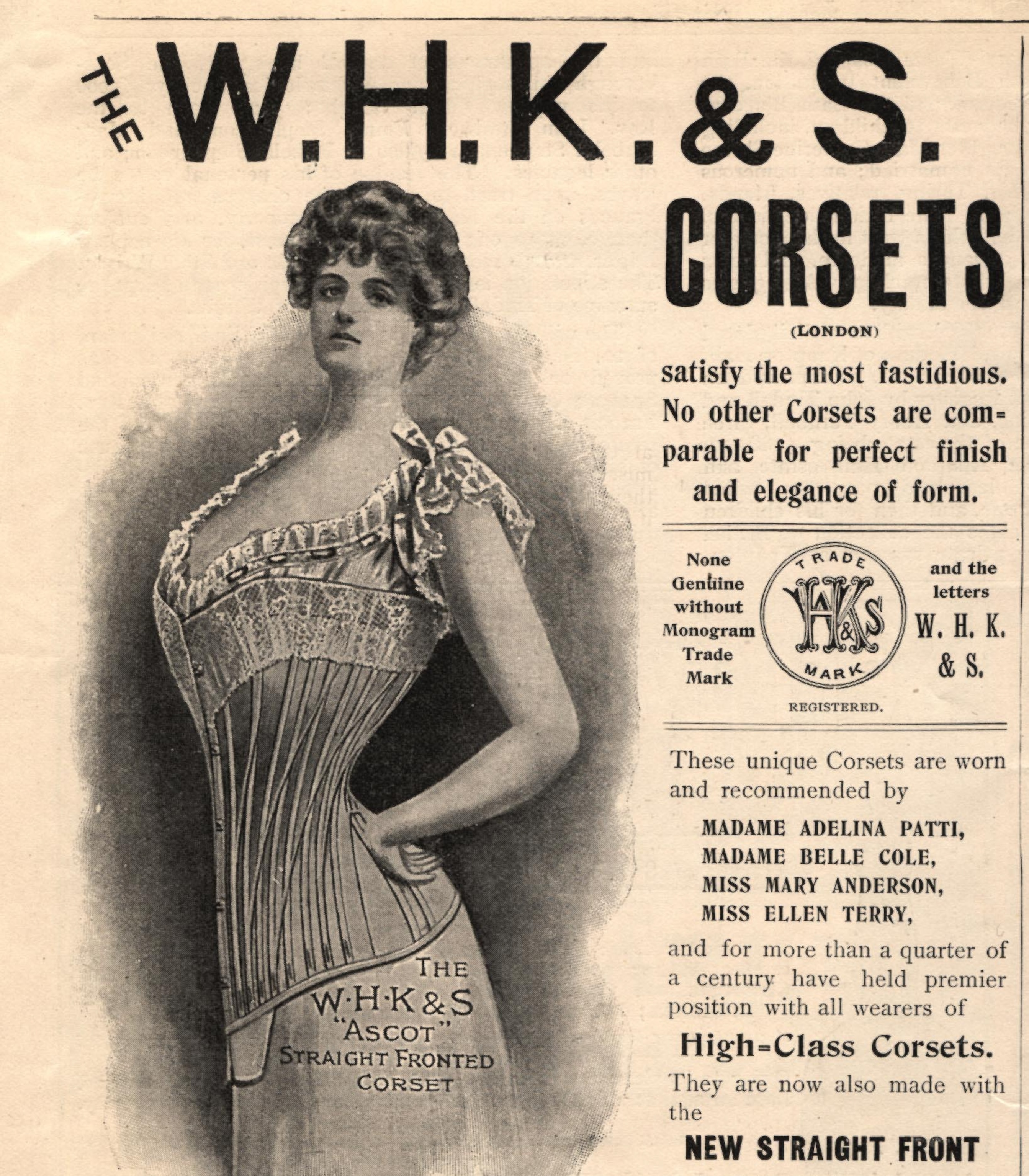 Vintage advertisement for W.H.K. & S. Corsets, featuring an elegantly dressed woman in a detailed corset