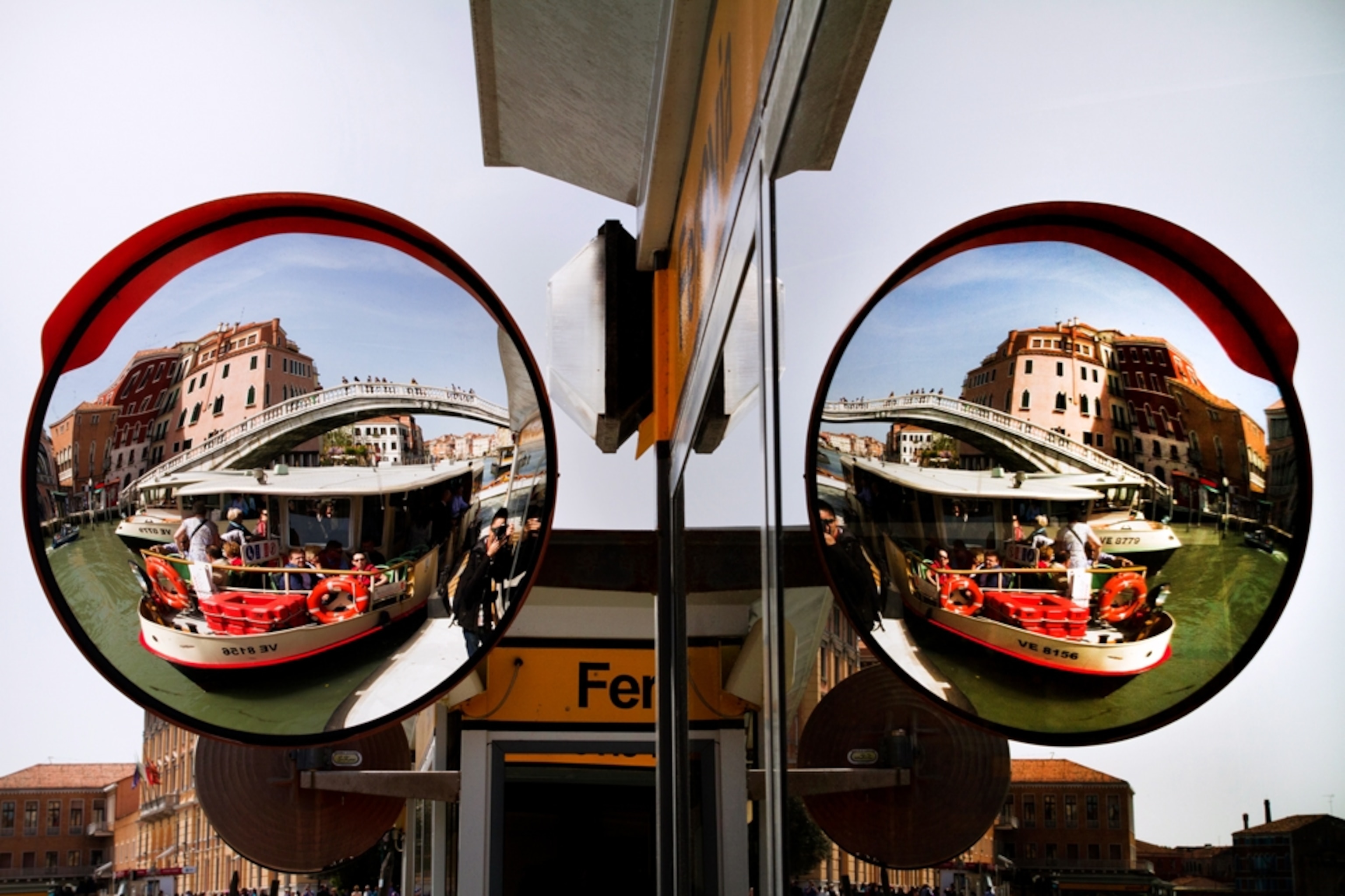 View of a bridge reflected in mirrors