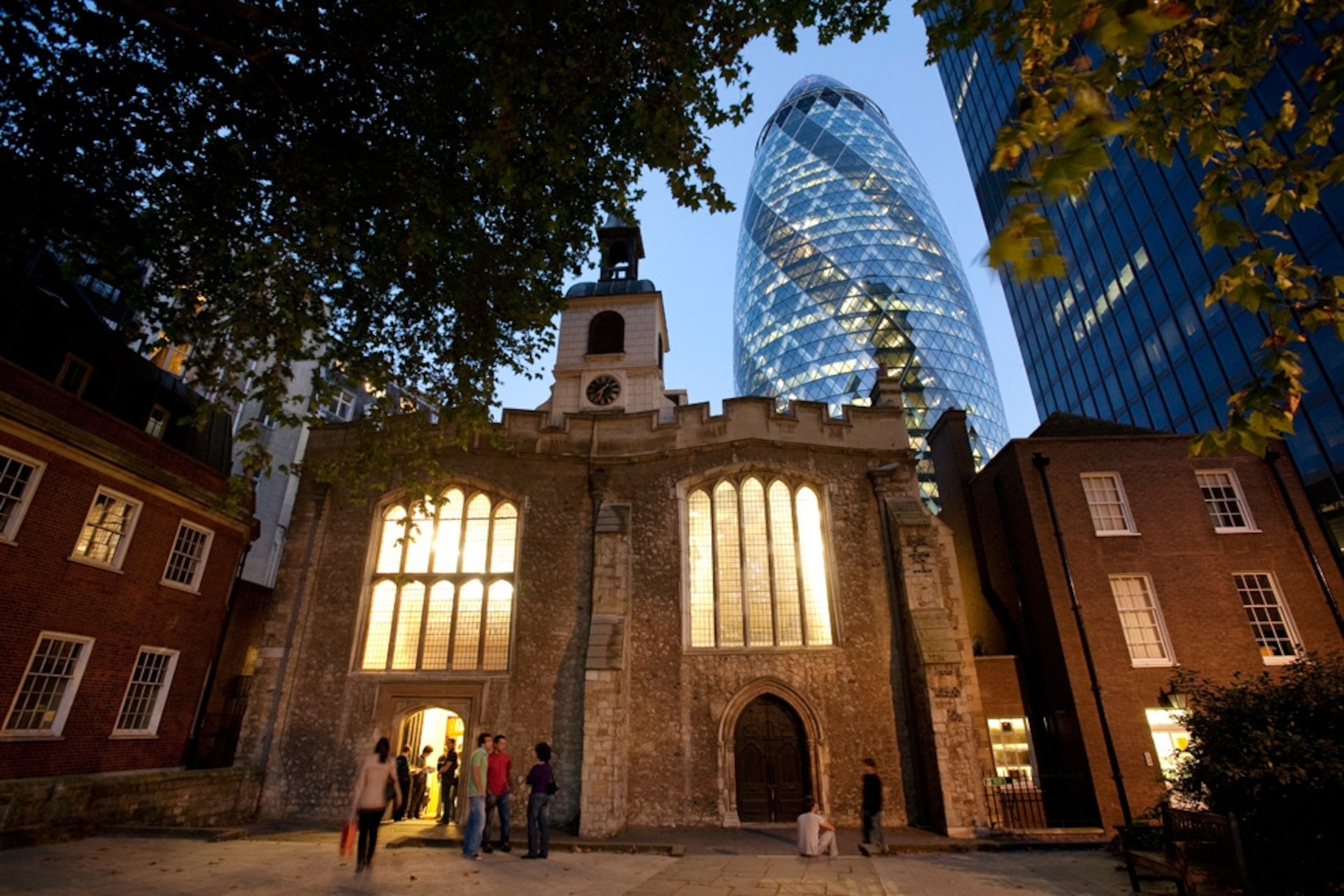 the Gherkin and a historic church in London City