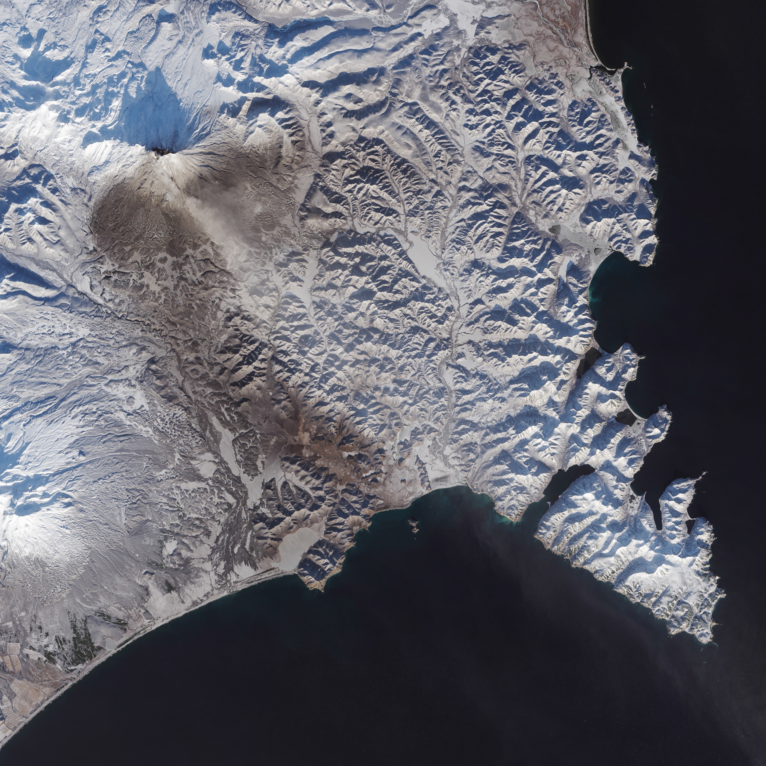 Satellite photo of the Zhupanovsky volcano erupting.