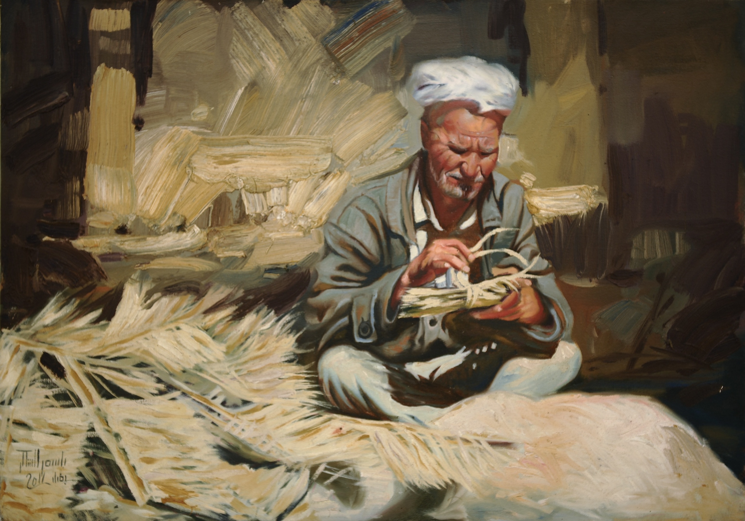 Art of Iraq - Painting of Iraqi man weaving a basket.