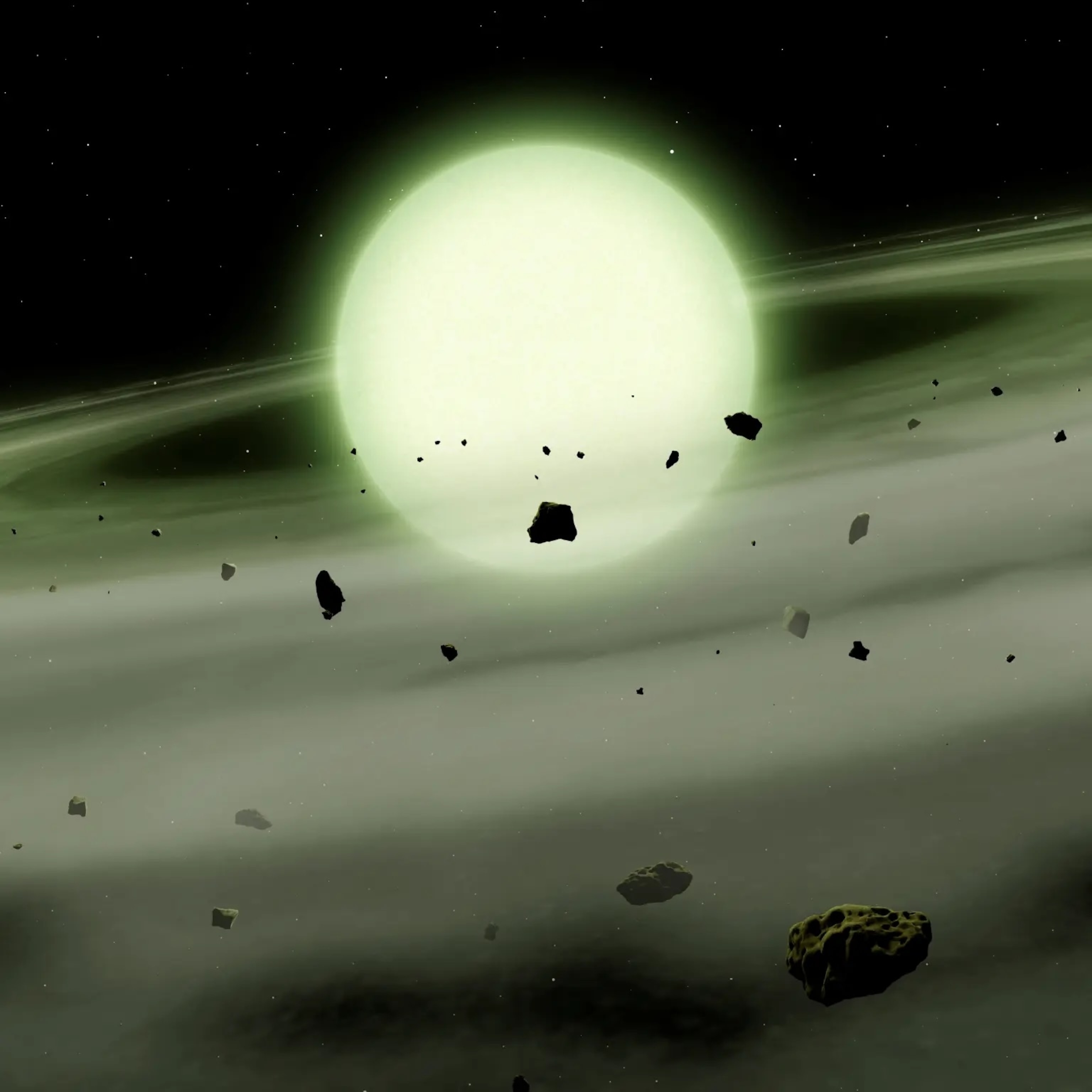 An illustration of a large green circle (star) with cosmic dust and small rocks circling around it.