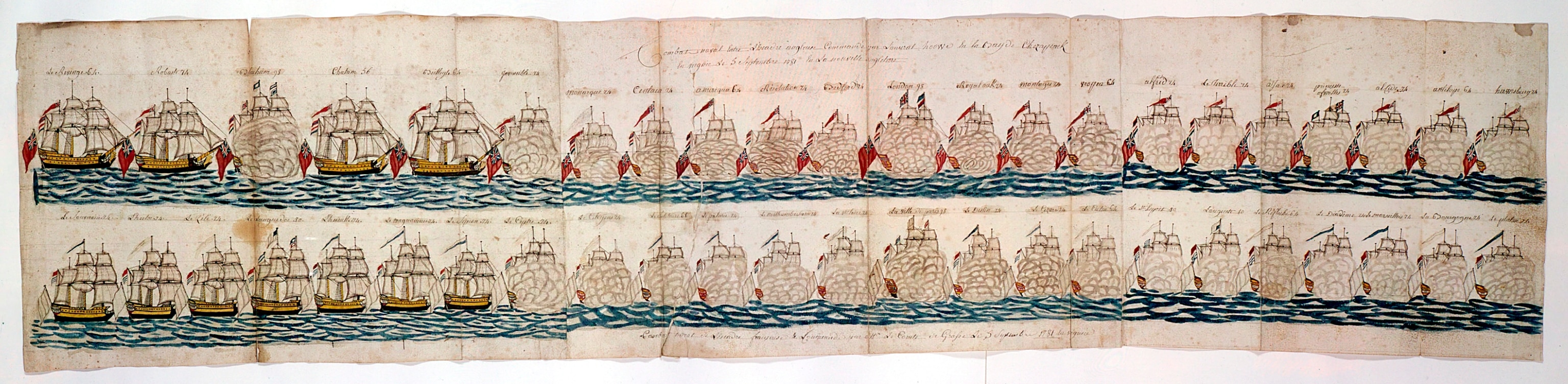 American War of Independence: Battle of Yorktown, 1781.Two lines of warships firing broadsides. The defeat of the British by the Americans and their French allies at Yorktown effectively marked the victory of the USA in the American War of Independence (1775-1781). From a French logbook, held by the Henry Huntingdon Museum.