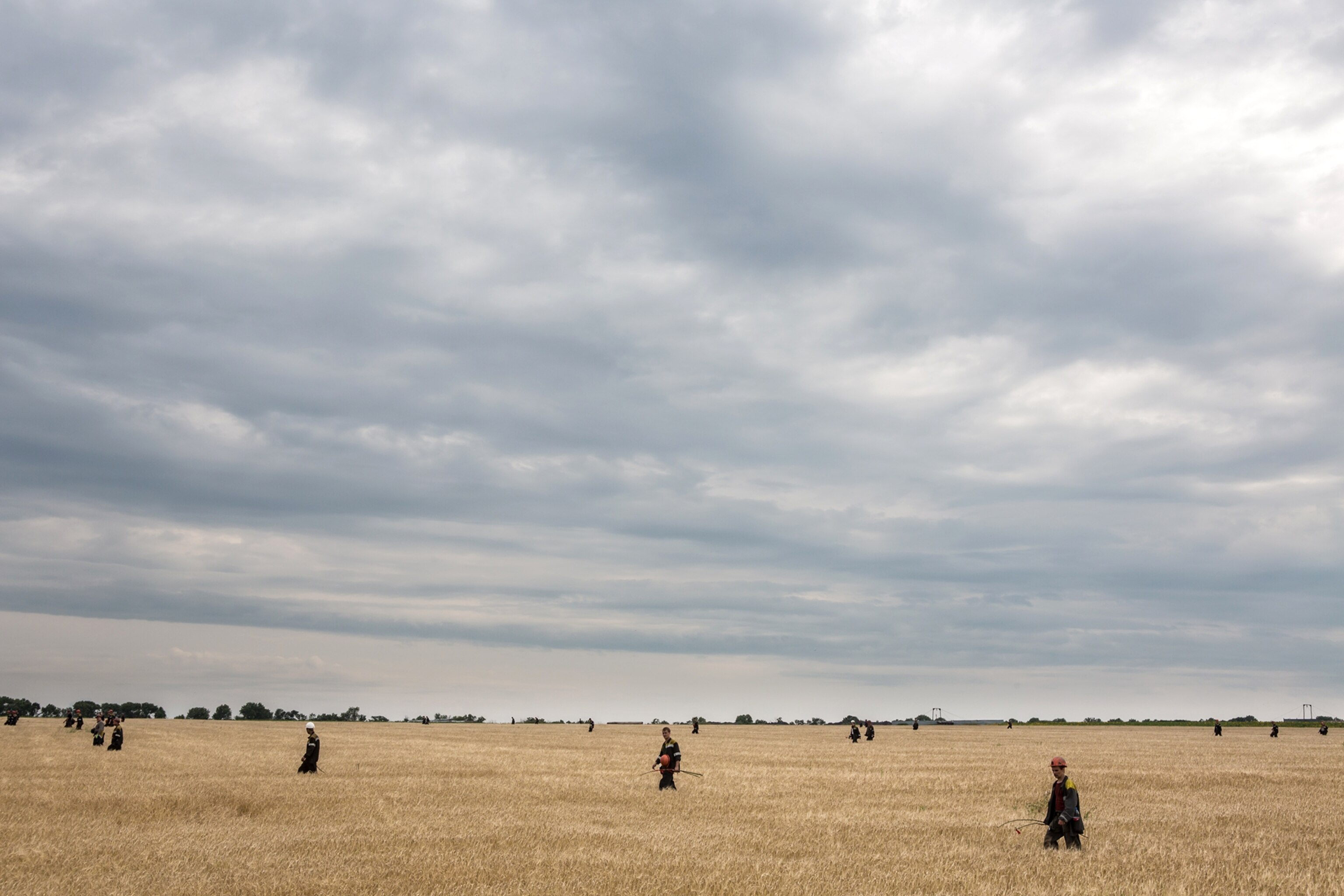 Bodies of victims wrapped in bags wait to be collected by rescuers on the side of the road at the site of the crash of a Malaysia Airlines plane carrying 298 people from Amsterdam to Kuala Lumpur in Grabove, in rebel-held east Ukraine, on July 19, 2014.