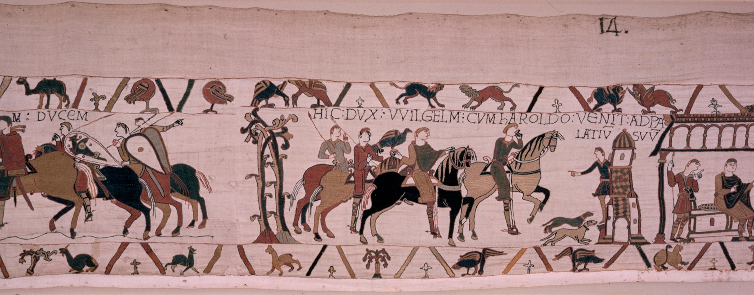 Scene from Bayeux Tapestry when Harold gallops off to William's castle.