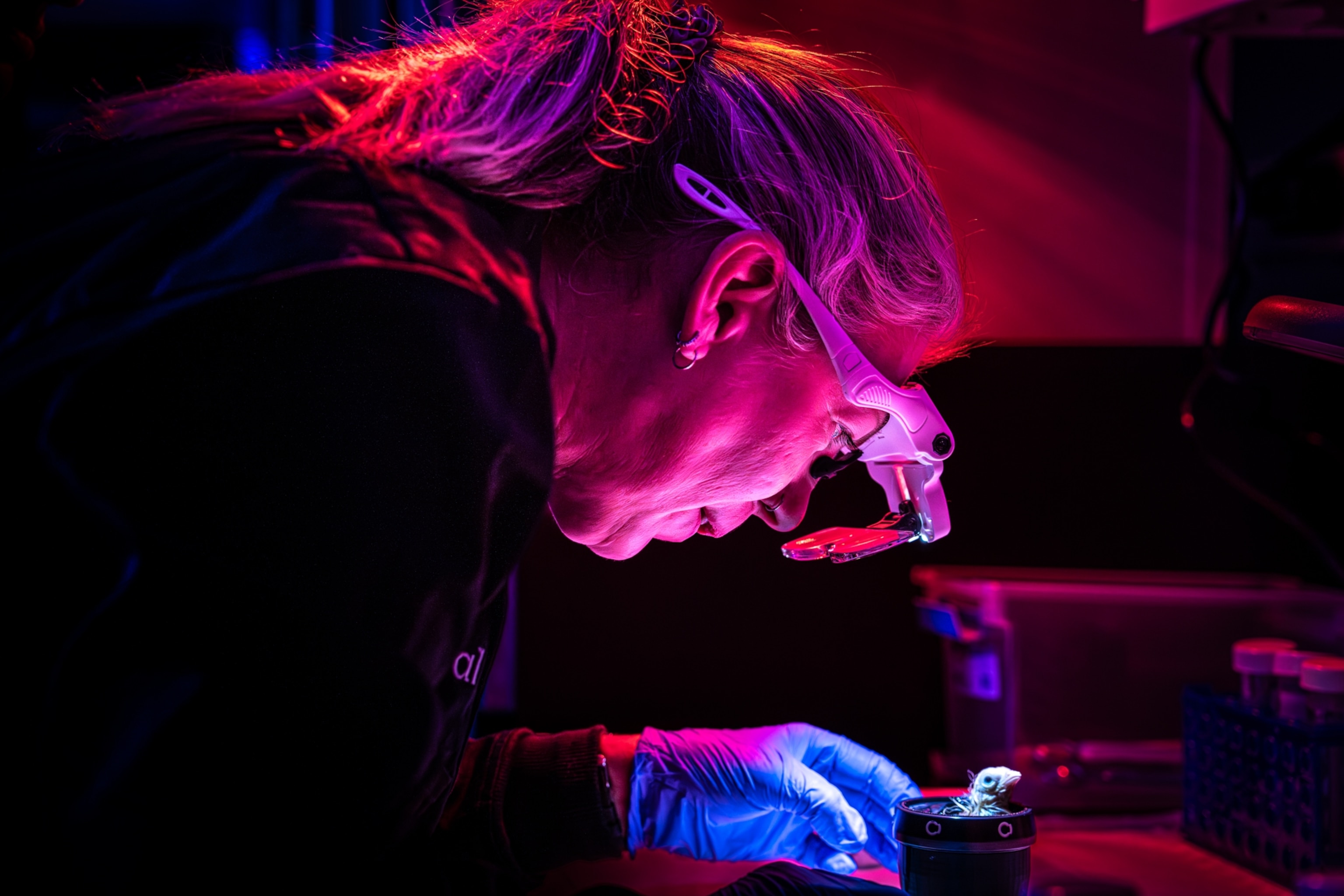 A scientist wearing magnifying glasses and blue gloves closely examining a small newborn chick under purple and red lighting