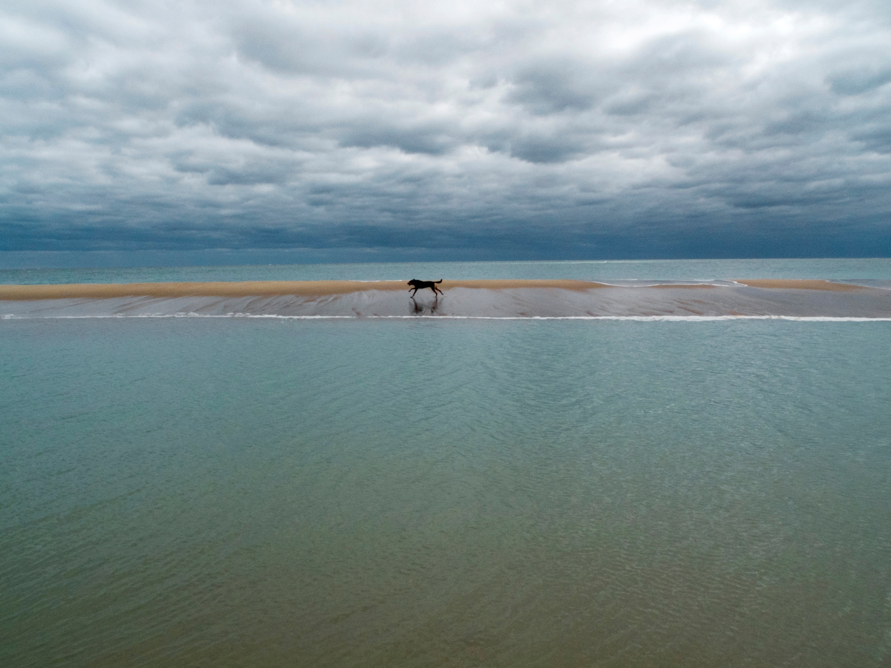 a dog running in the distance, across a small stretch of sand with blueish green water on both sides