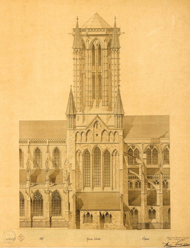 Plans for the 13th-century structure in Normandy, France, show its ambitious height.