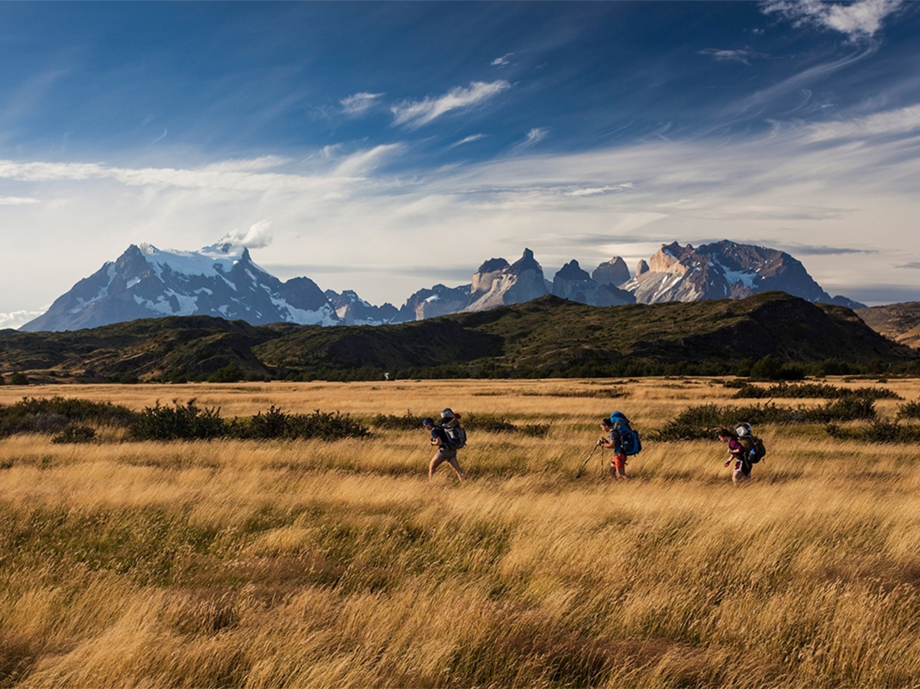 hikers in Torres del Paine National Park in Patagonia, Chile