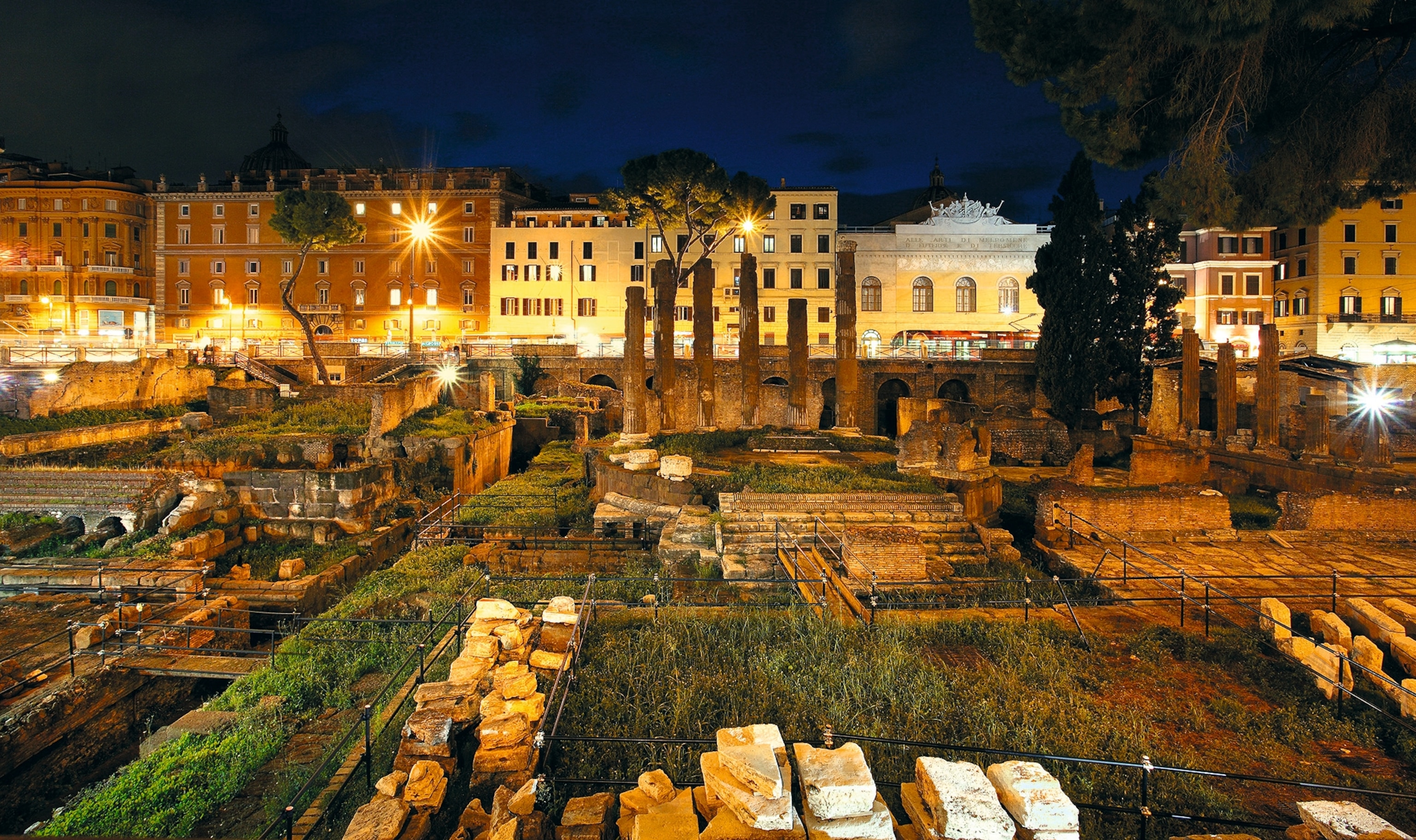 The ruins of the Largo di Torre Argentina square behind temples are pictured.