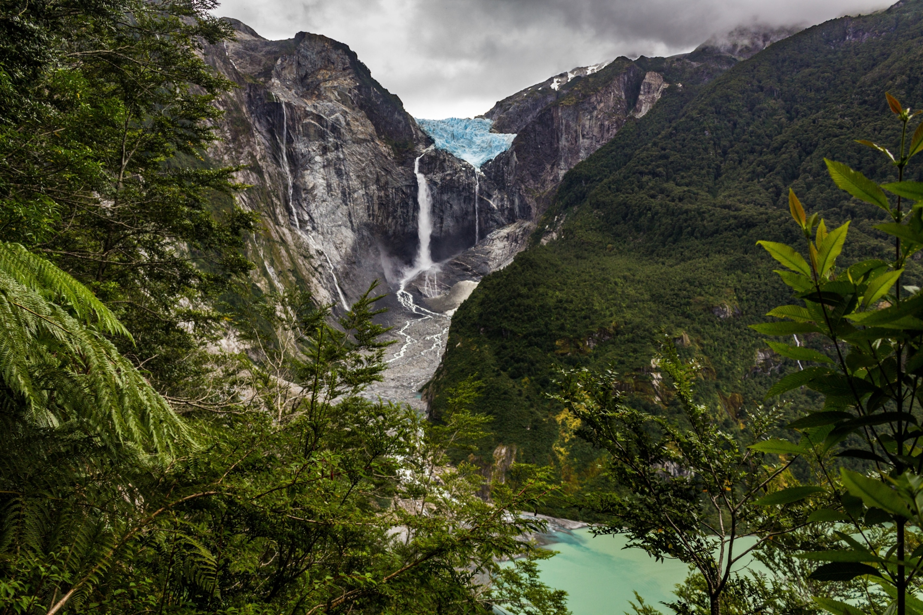 Glacier water running down the moutain like a waterfall