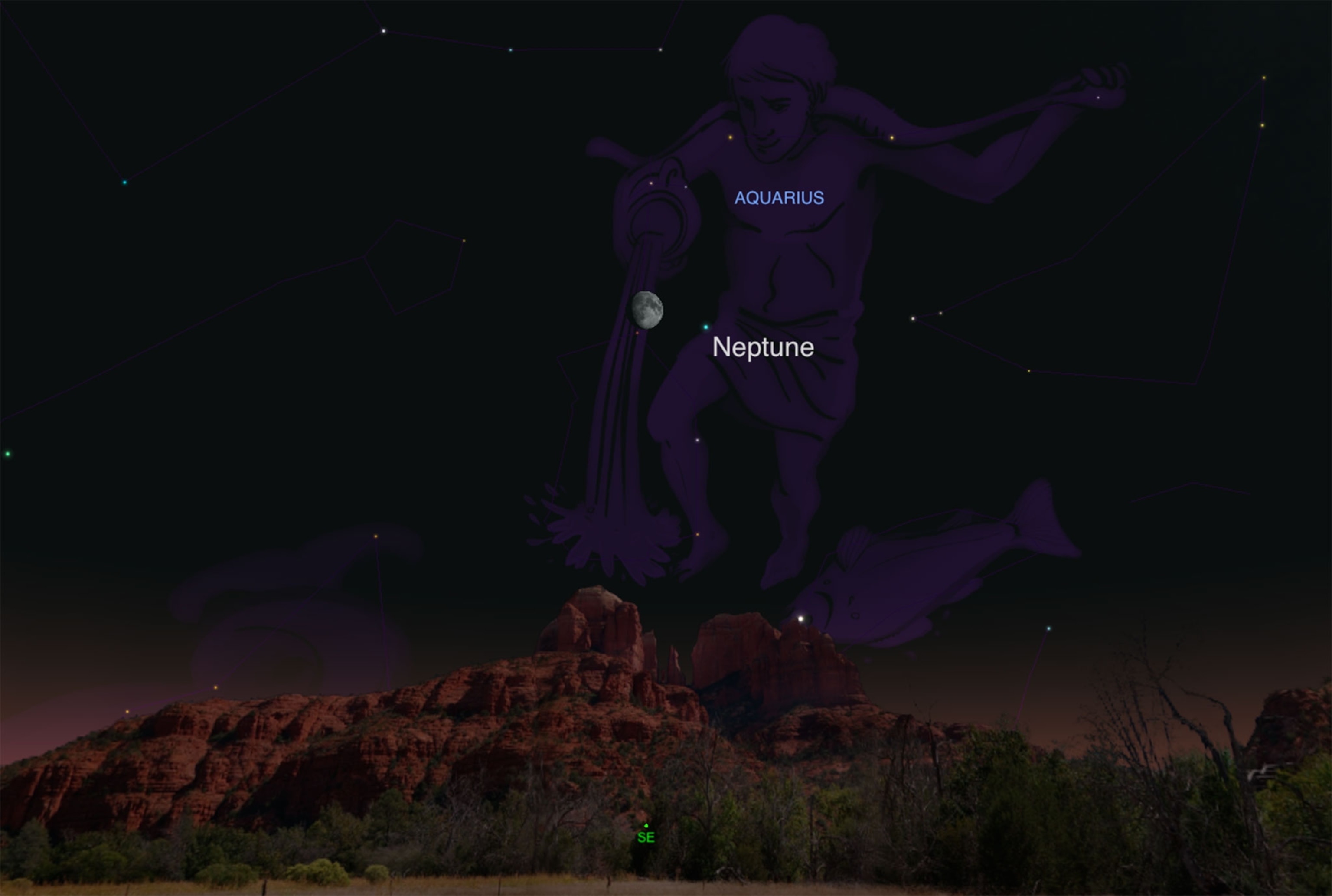 moon pointing way to Neptune visible through telescopes in constellation Aquarius