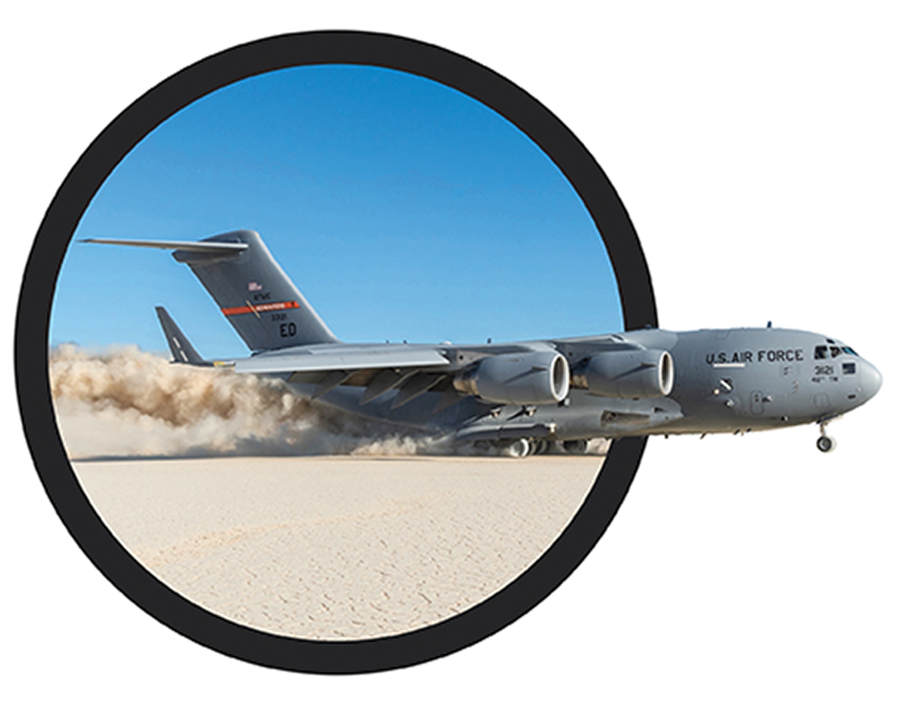 A large grey spacecraft lands in a dirt field and a large cloud of dust sprays behind it.