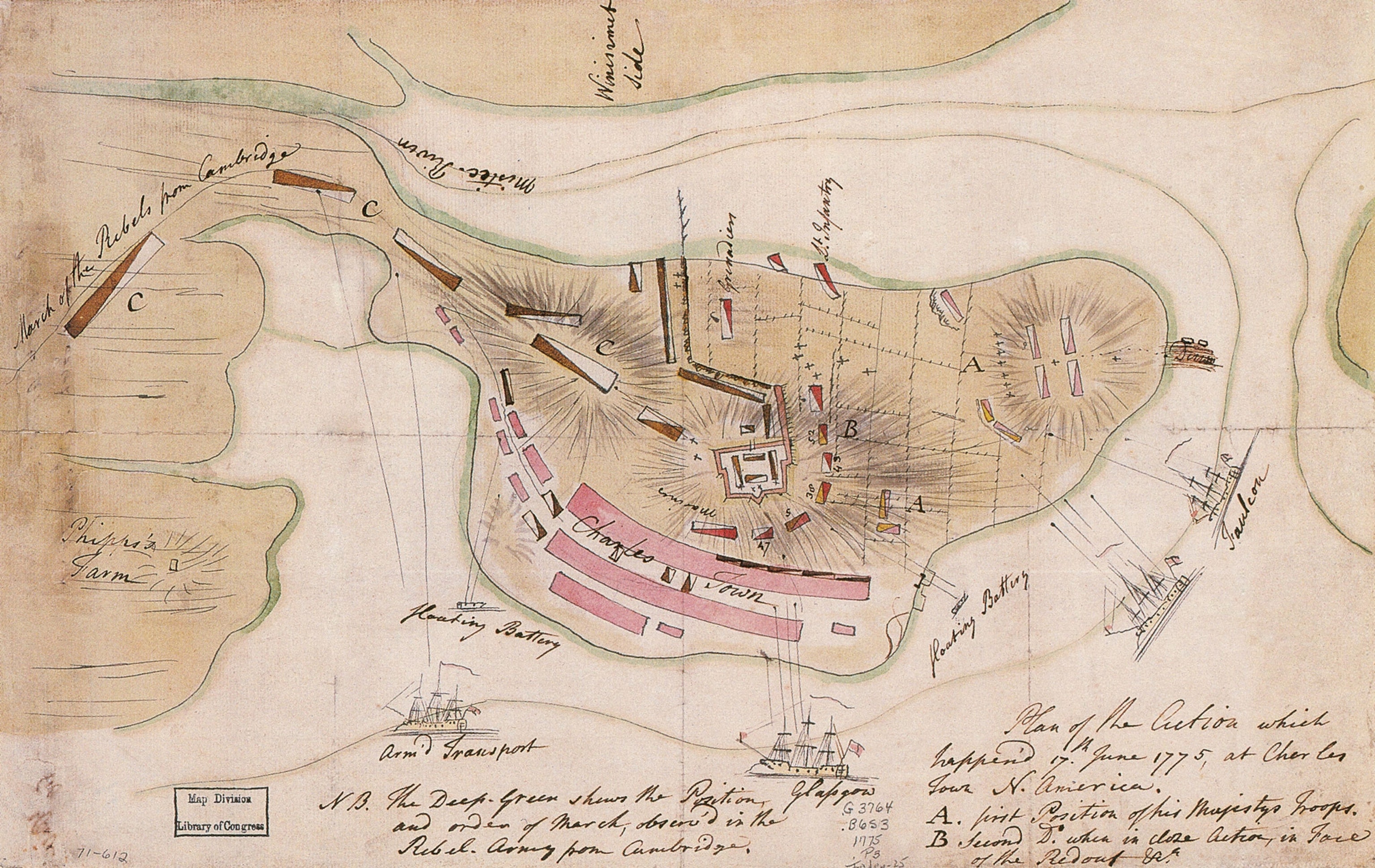 Lt. Thomas Hyde Page, a British military engineer wounded in the Battle of Bunker Hill, drew up this map tracing the route followed on the night of June 16, 1775, by American forces (brown). They moved beyond Bunker Hill to Breed’s Hill, where they built a redoubt and a breastwork extending north to the Mystic River. While warships bombarded those defenses on June 17 and set Charlestown afire, costly assaults by British infantry regiments (red) eventually ousted the defenders from their works.