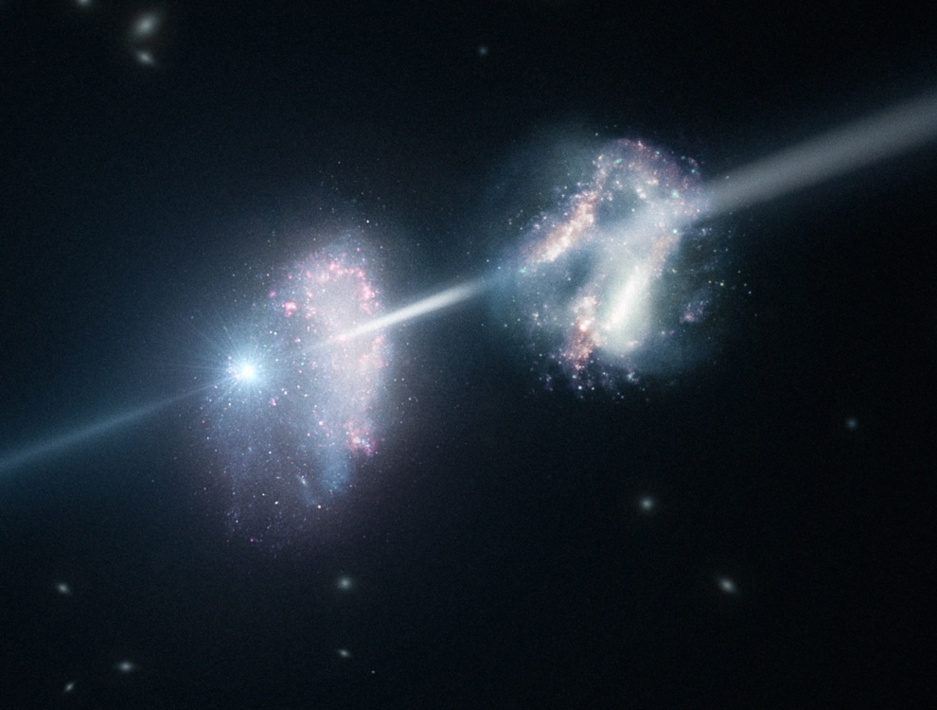 Galaxies picture: Illustration of a gamma-ray burst shining through two young galaxies
