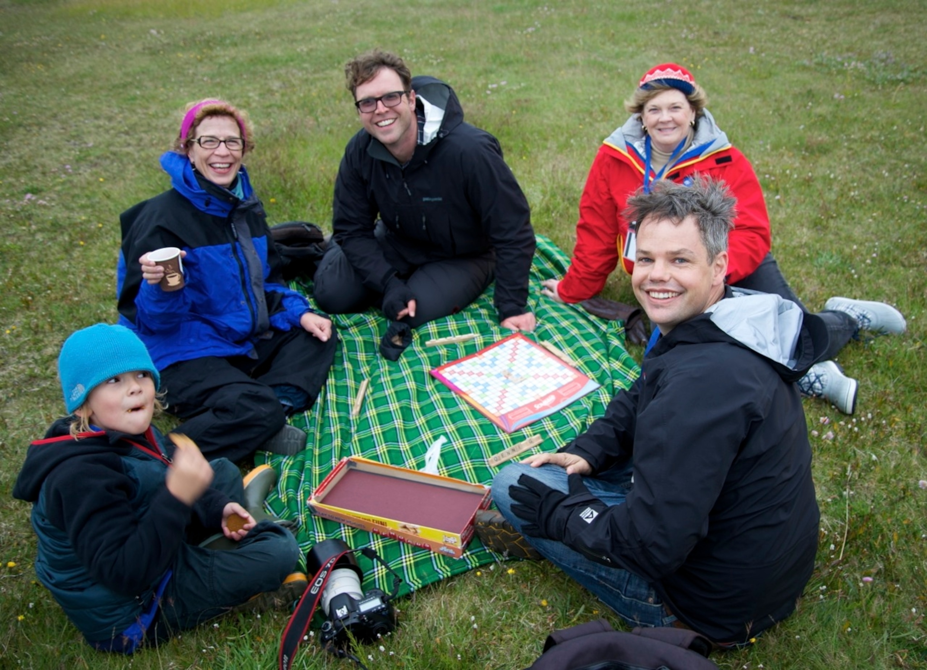 Playing Scrabble on the Arctic Circle with (left to right) Skyler Rainier, Annie Griffiths, Andrew Evans, Kathy Alataras & Brian Gratwicke. (Photo by Chris Rainier)